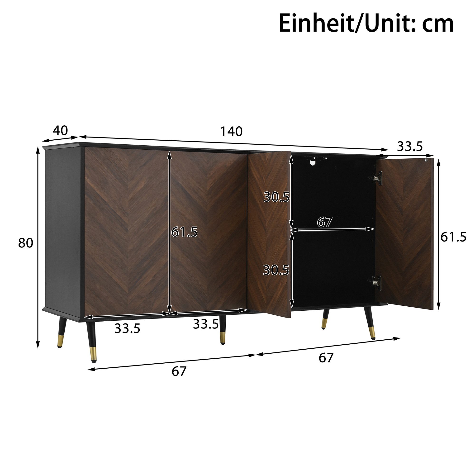 Merax Sideboard Fischgrätmuster Wohnzimmerschrank Buffet Schrank (140 x 40 x 80 cm, 1 St), Kommode mit 4 Türen, Stauraum, Metallbeine & Verstellbaren Regalen – Bild 4 von 5
