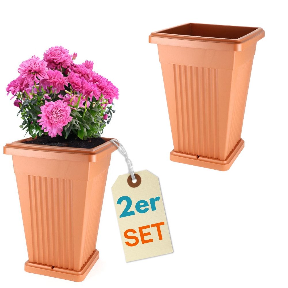 GarPet Pflanzkübel 2er Set Pflanz Kübel Pyramide Groß Blumen Untersetzer 50 Terrakotta