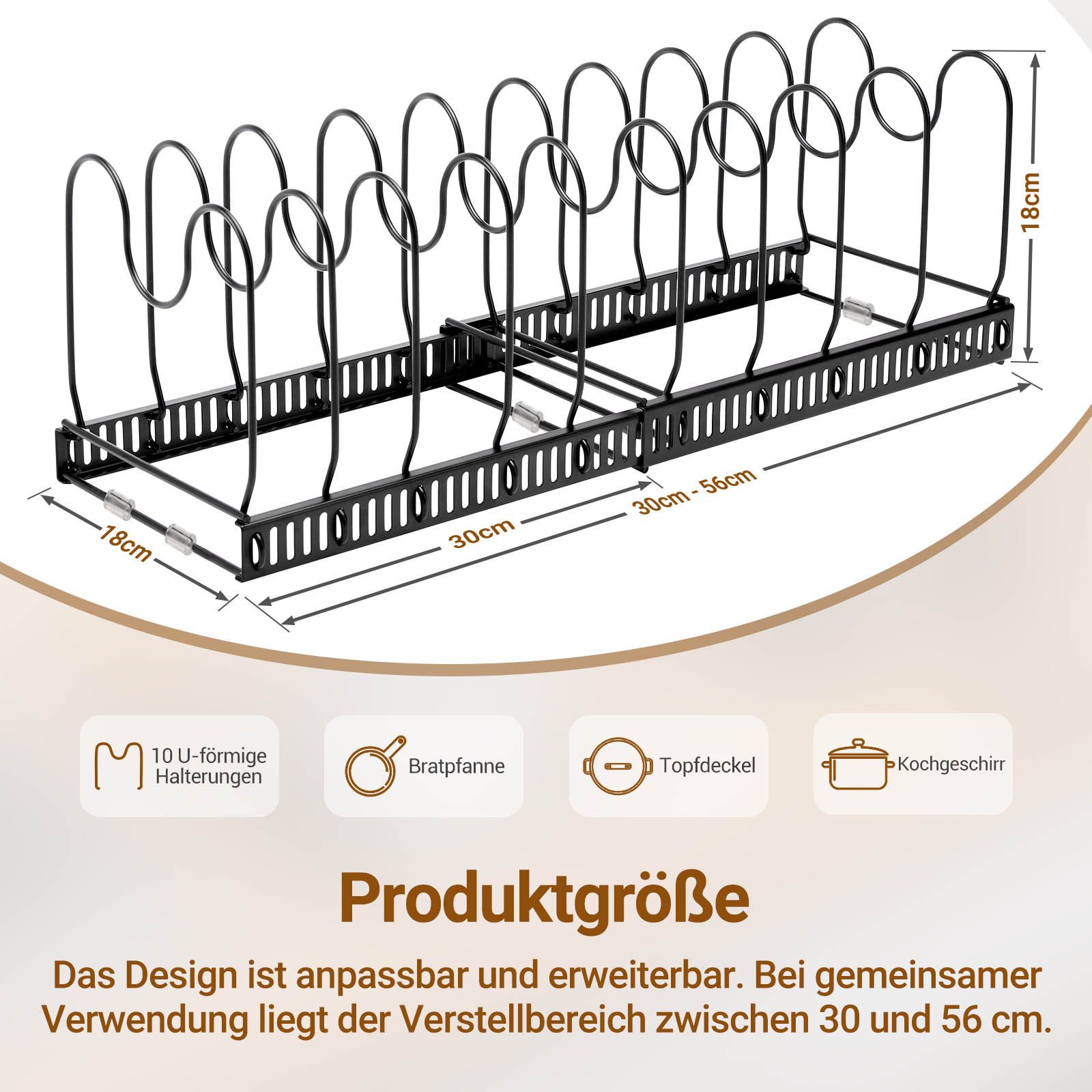 Yorbay Geschirrständer Erweiterbarer Topfdeckelhalter, Teleskopregal, Pfannenhalter Pfannen Organizer für Topfdeckel und Pfannen – Bild 2 von 5