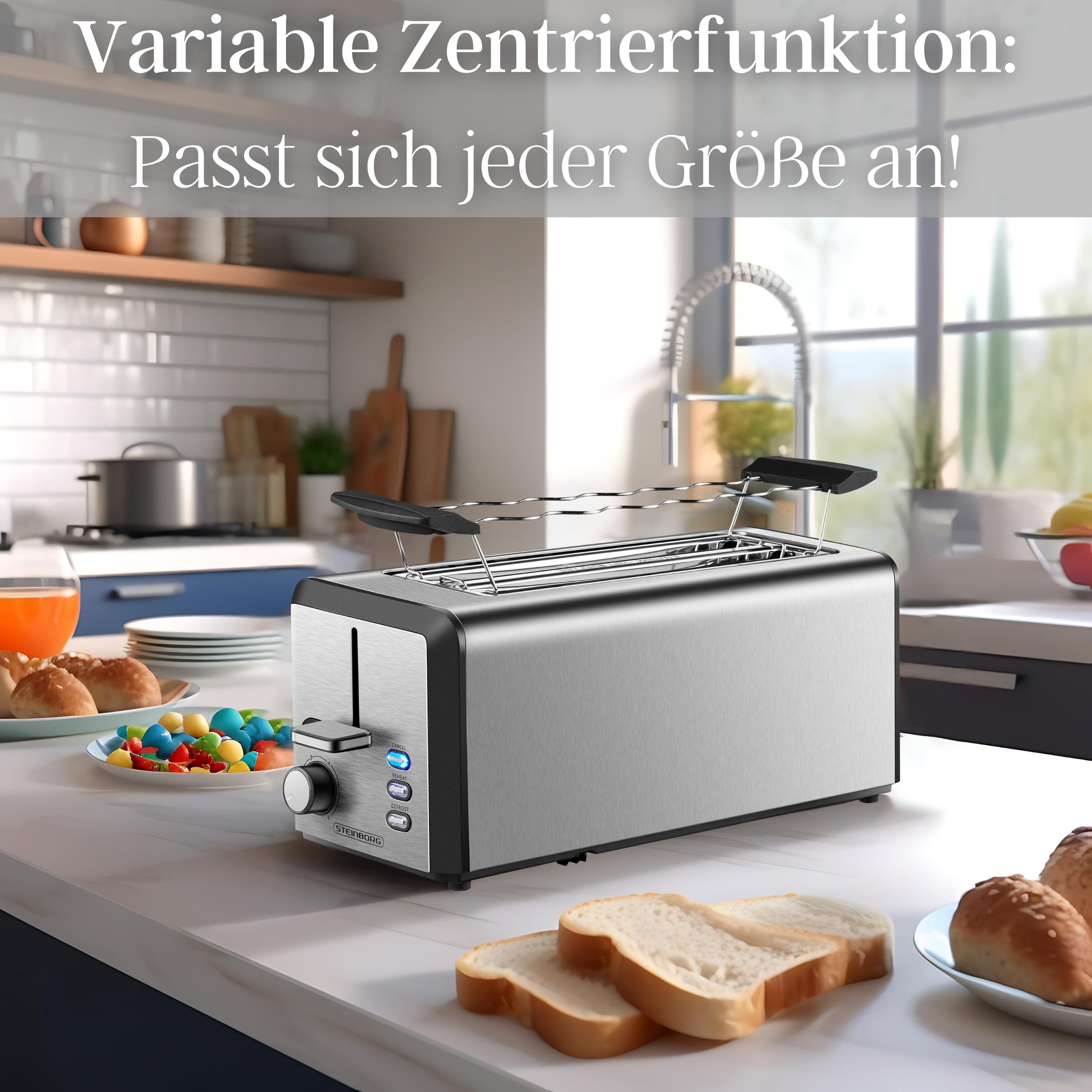 STEINBORG Toaster SB-2211, 2 lange Schlitze, für 4 Scheiben, 1500 W, Edelstahl Gehäuse,Brötchenaufsatz,Krümelschublade,LED Display