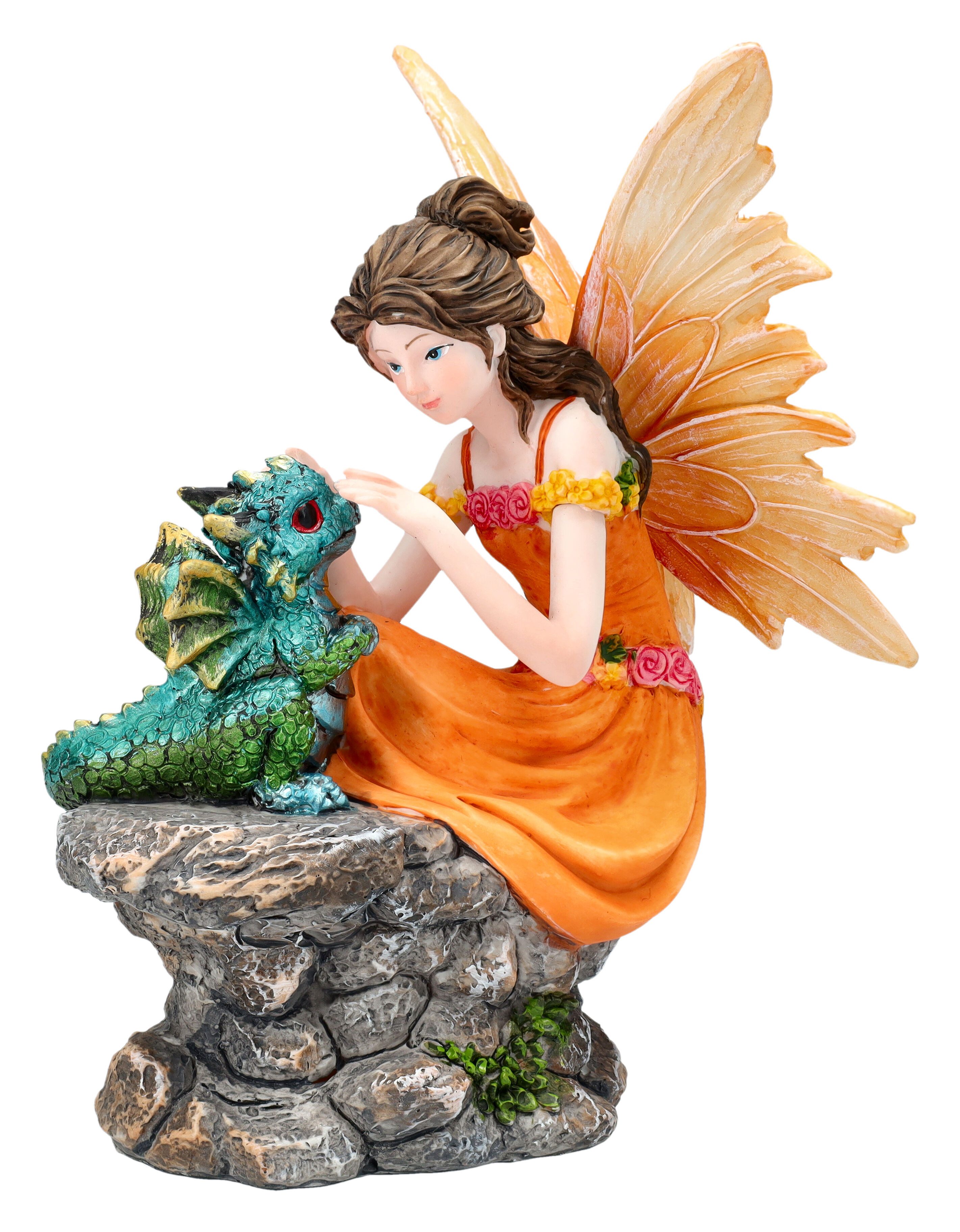 Figuren Shop GmbH Fantasy-Figur Elfen Statue – Dekofigur Elfe mit Drachenbaby Fantasy 18,5 cm Fee Deko