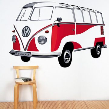 VW Collection by BRISA Wandtattoo Volkswagen Wandaufkleber, Selbstklebende Wanddekoration im roten VW T1 Bulli-Design
