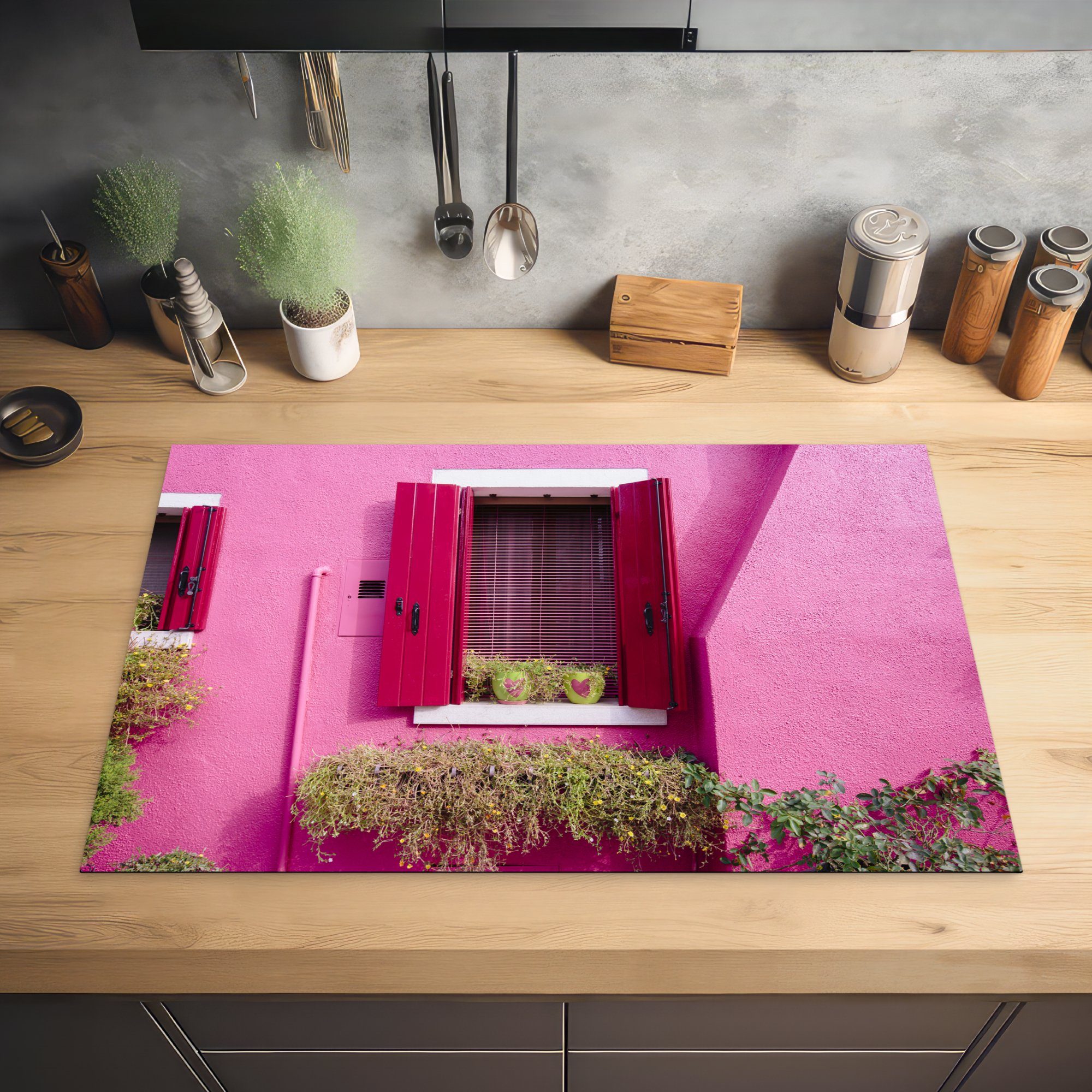 (1 81x52 küche, die Induktionskochfeld mit Herzen rosa Blumentöpfe einem tlg), Fensterläden, Ceranfeldabdeckung cm, mit Fenster Schutz MuchoWow Herdblende-/Abdeckplatte für Vinyl, in