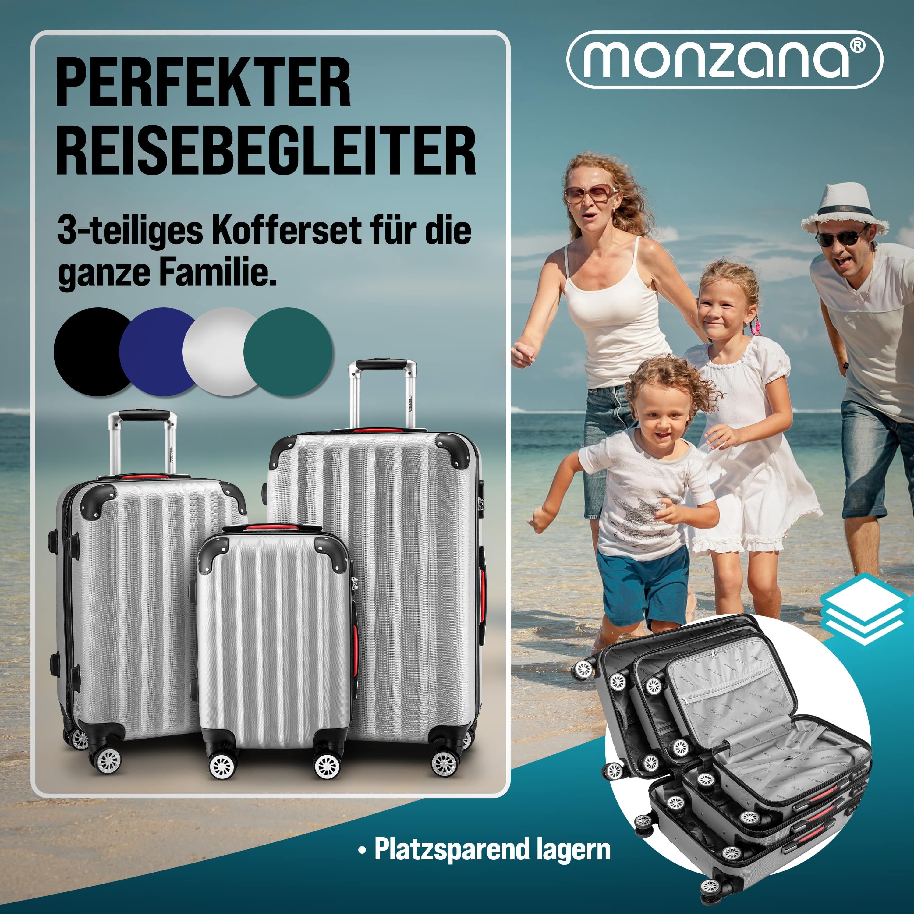monzana Kofferset, Koffer Zwillingsrollen Zahlenschloss Waage Gurt Reisekoffer silber