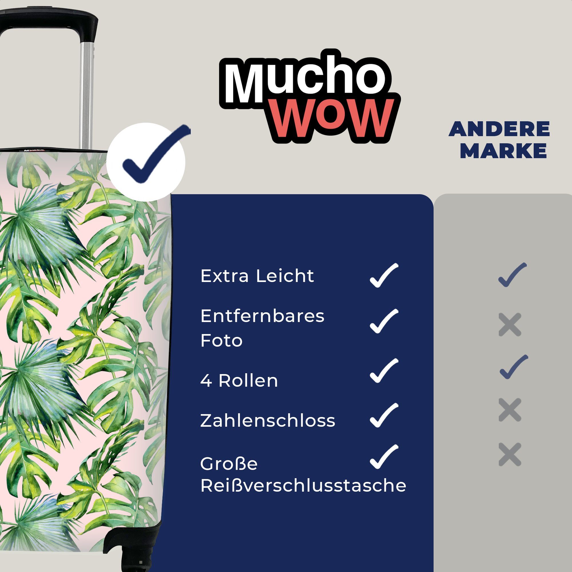 MuchoWow Handgepäckkoffer Blumen Handgepäck für Ferien, Tropisch mit Reisekoffer - - 4 Rollen, Reisetasche Trolley, rollen, Blätter