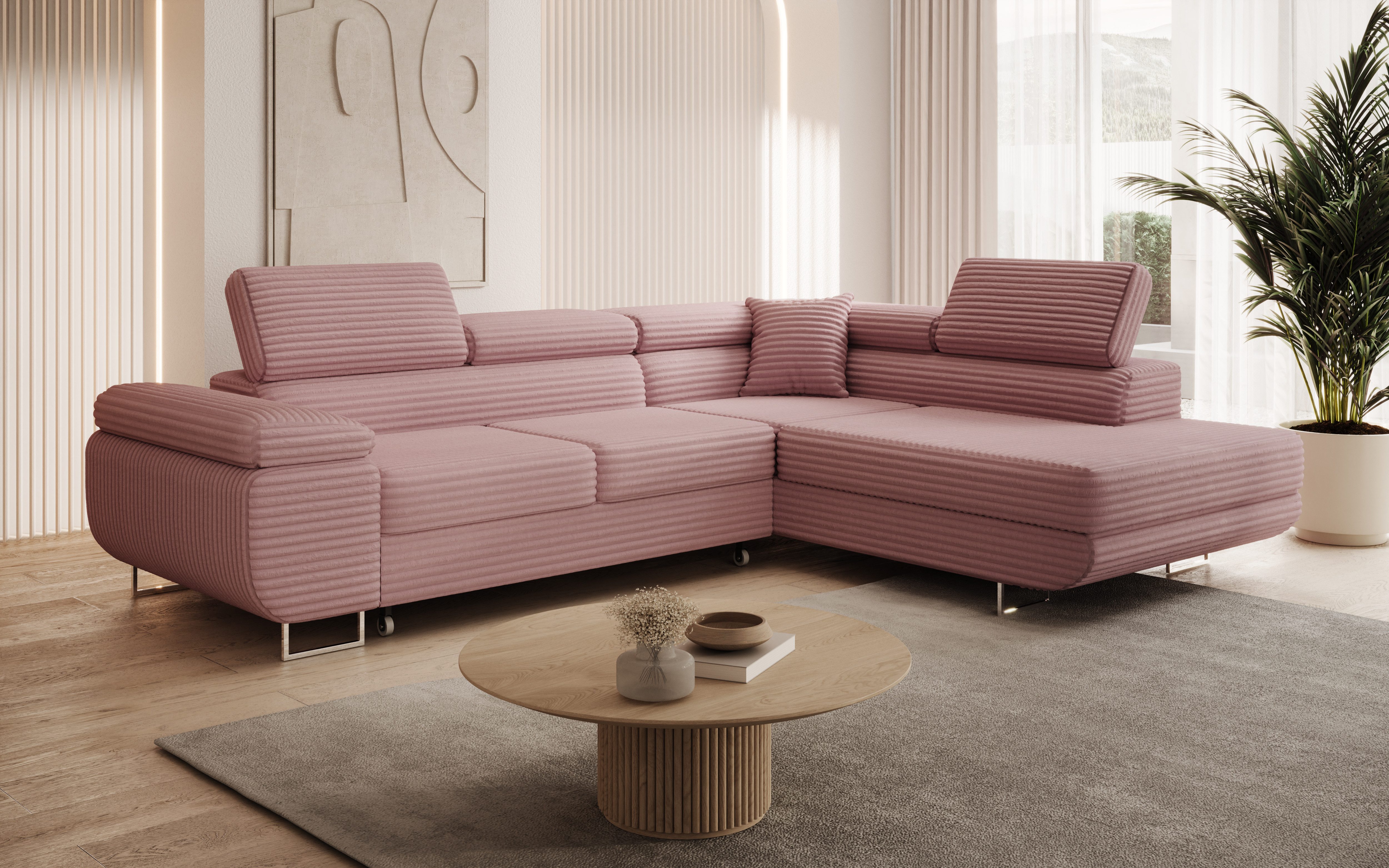 thematys Ecksofa ASTON mit Schlaffunktion & Bettkasten – Cordstoff TILIA, – verstellbare Kopfstützen, – L-Form 273×203 cm – Schlafsofa mit Auszug
