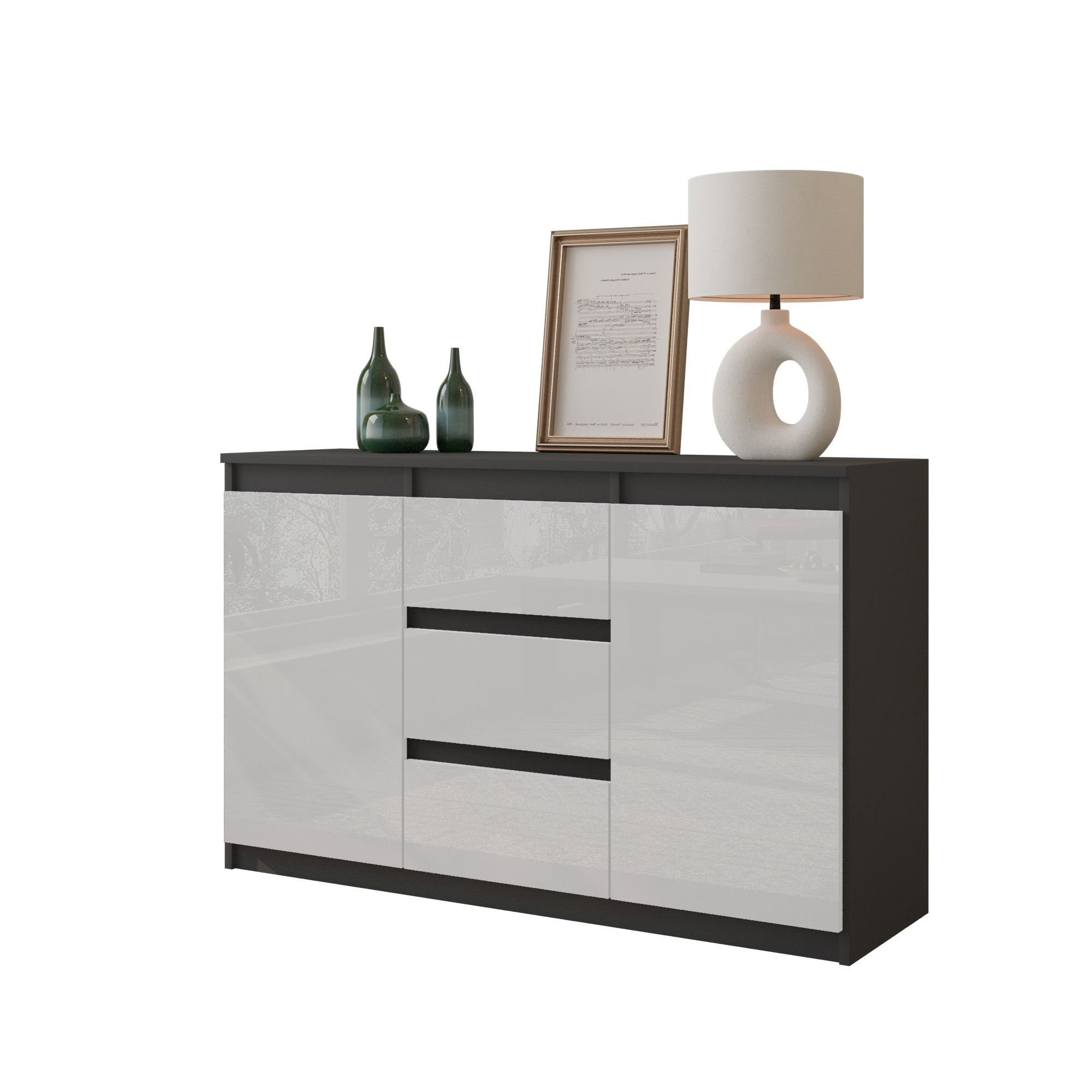 Furnica Kommode Sideboard 3 Schubladen und 2 Türen - Anthrazit Grau H75cm B120cm T35cm