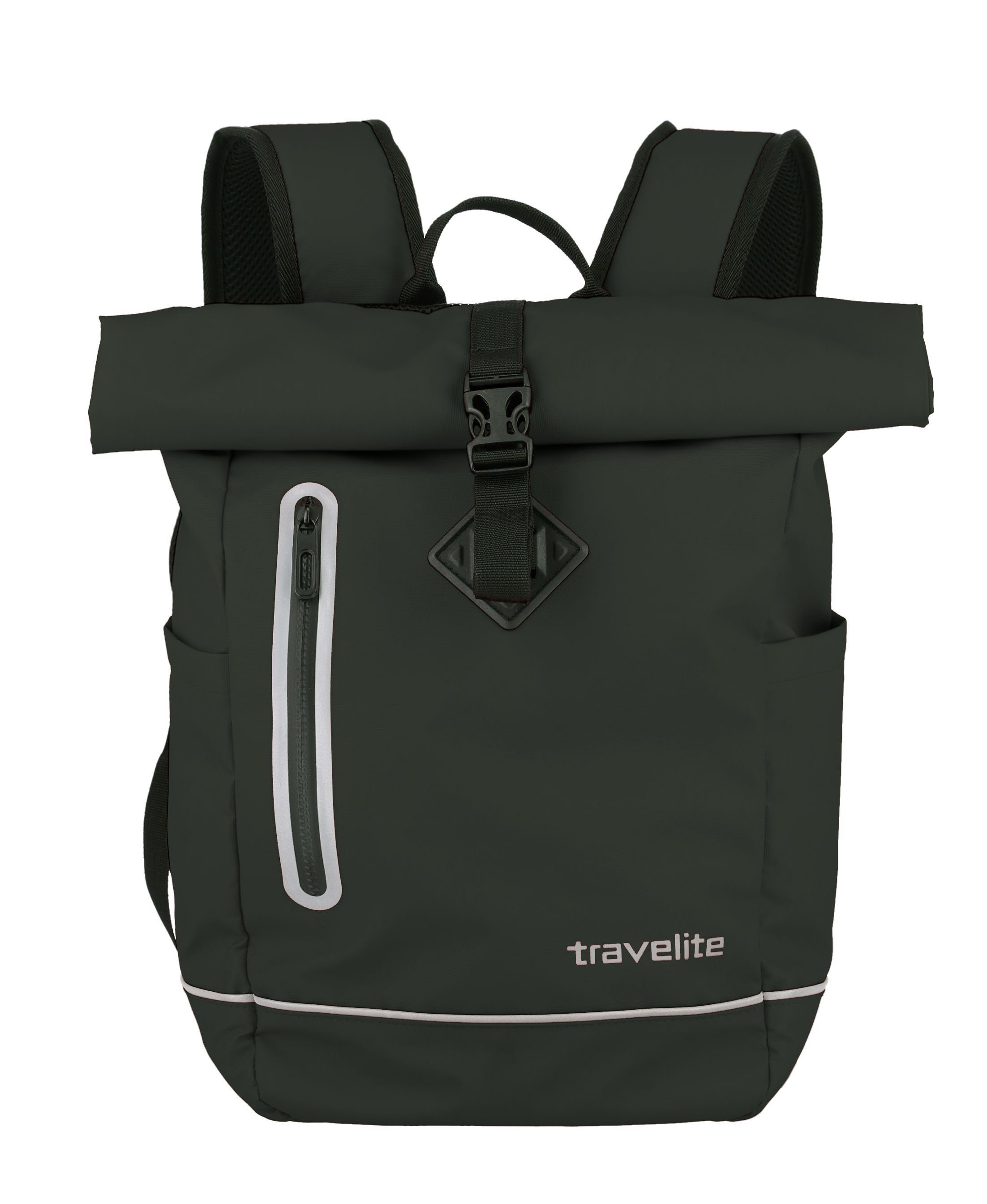 travelite Fahrradrucksack Basics Rollup Rucksack, wasserfester Kurierrucksack, aus Planenmaterial, mit Reflektoren, schwarz