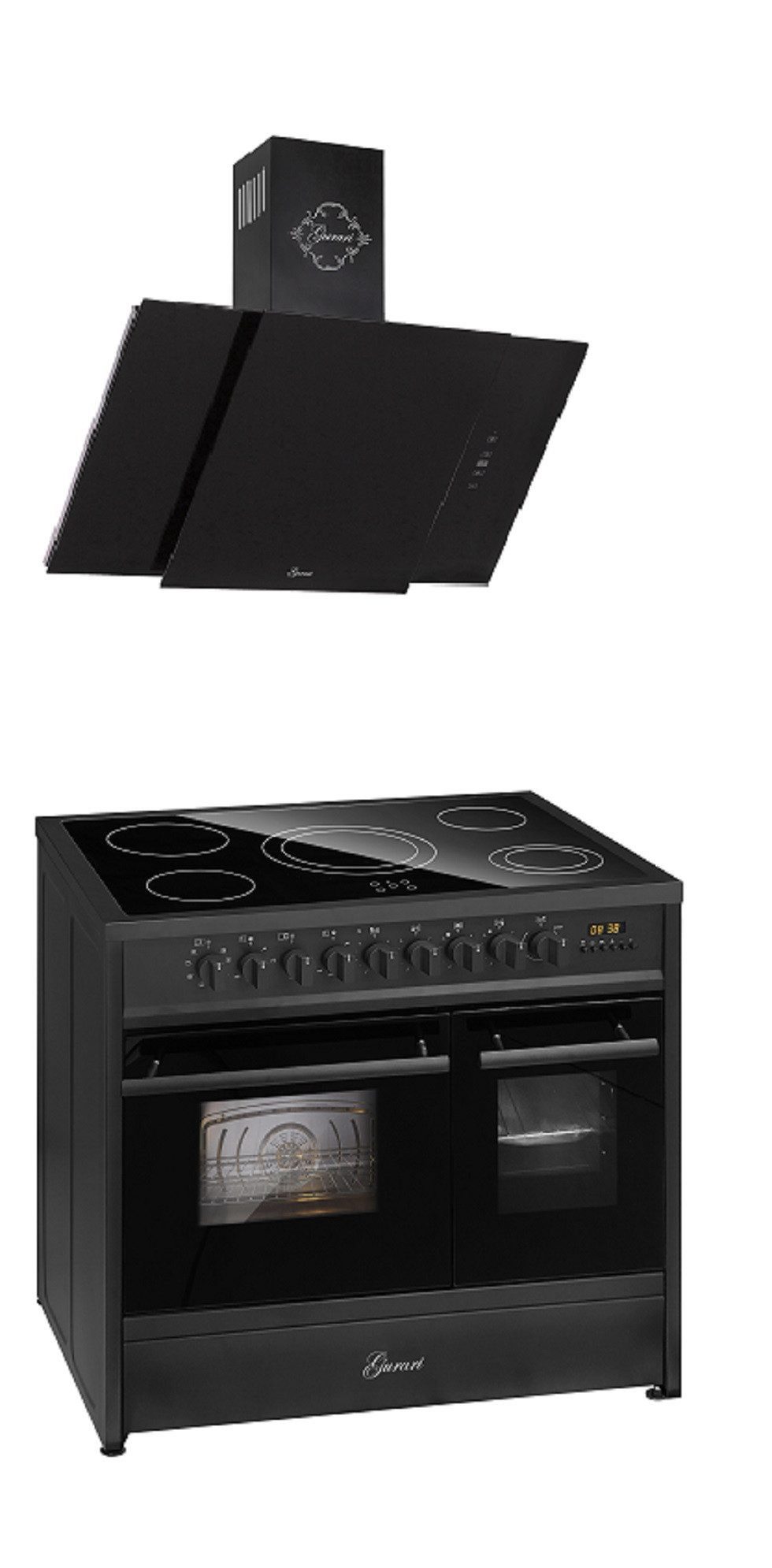 GURARI Elektro-Standherd Glaskeramik Herd 90 cm Schwarz Range Cooker Elektro Doppelbackofen mit Dunstabzugshaube 90 cm Wandhaube,Schwarz, Schwarz Glas,1000m³/h GCH E 912 DF BL+GCH S 171 90 BL PRIME N, mit 1-fach-Teleskopauszug