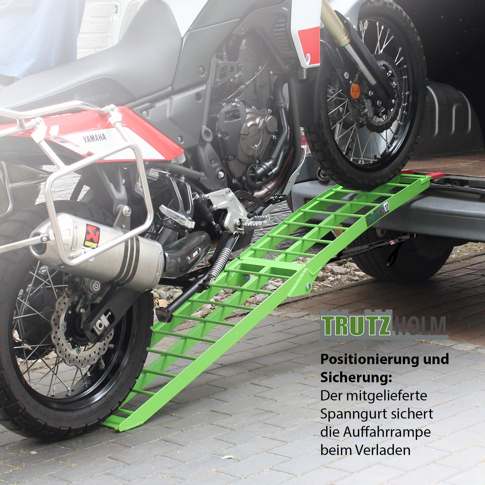 TRUTZHOLM Auffahrrampe Aluminium Länge 180 cm Traglast 340 kg klappbar Riffelstab grün (1-St., Inkl. 1x Spanngurt), Robuste Konstruktion, Klappmechanismus, platzsparend