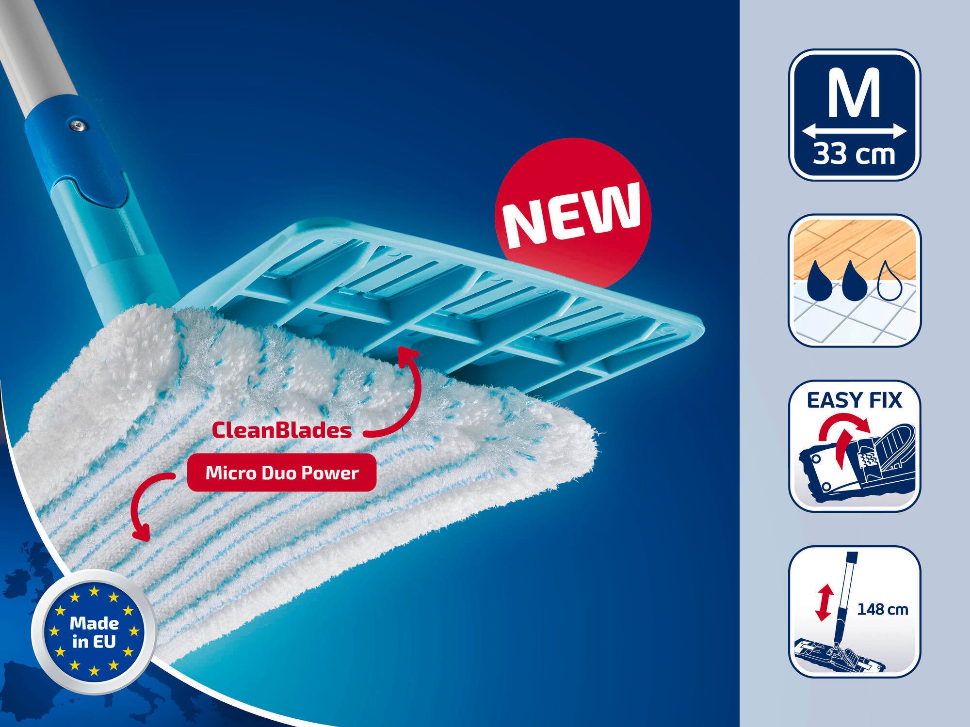 Leifheit Wischmopp Set POWER CLEAN mit 2x Ersatzbezug micro duo, (6-St), Waschbar bei 60°C, Wischbreite 33cm, 360° Gelenk, Arbeitshöhe 148cm