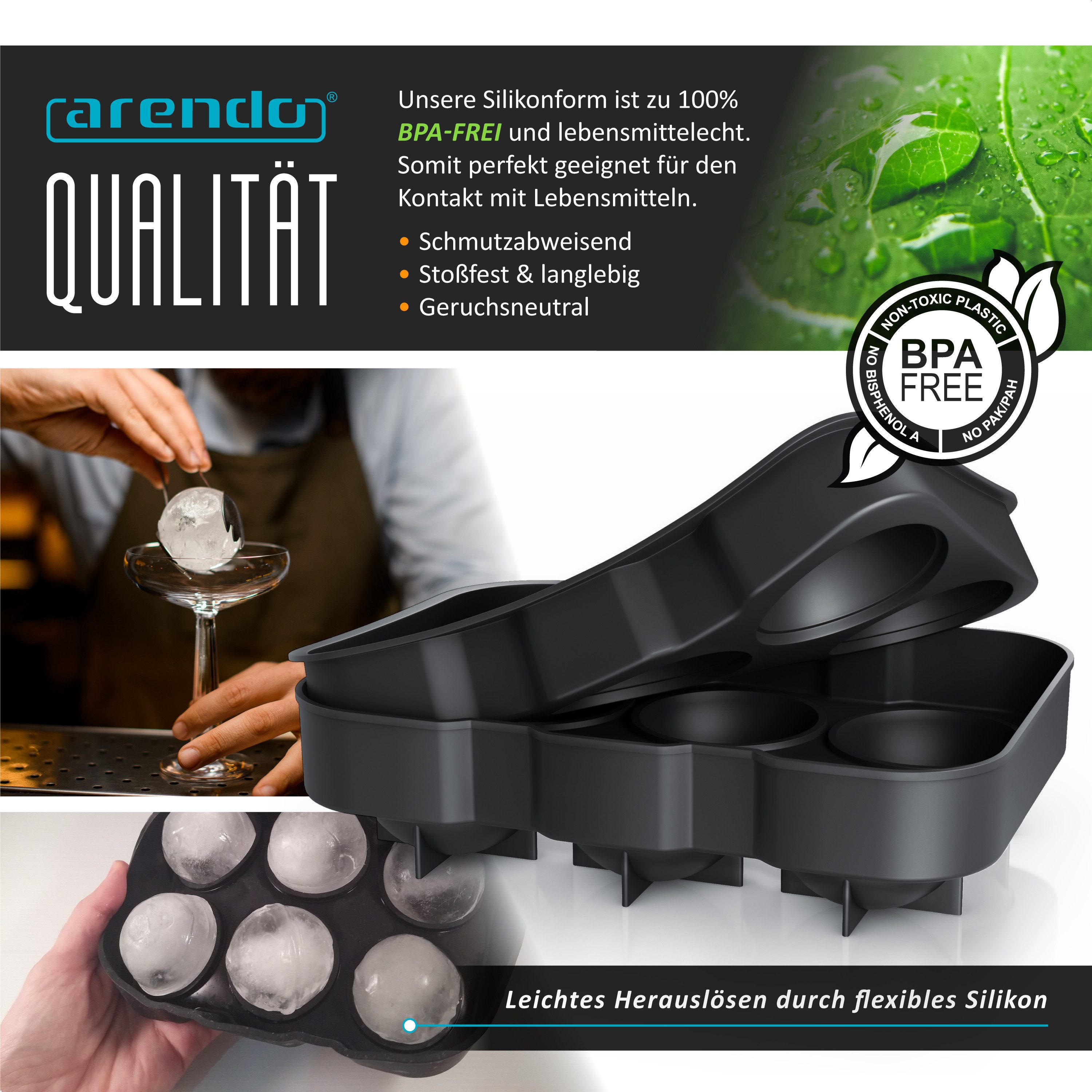 Arendo Eiswürfelform 6x 46ml Kugelform sechsfach mit Trichter & Deckel, extra große Öffnung, (1-tlg), Silikon zum leichten Herauslösen, spülmaschinengeeignet