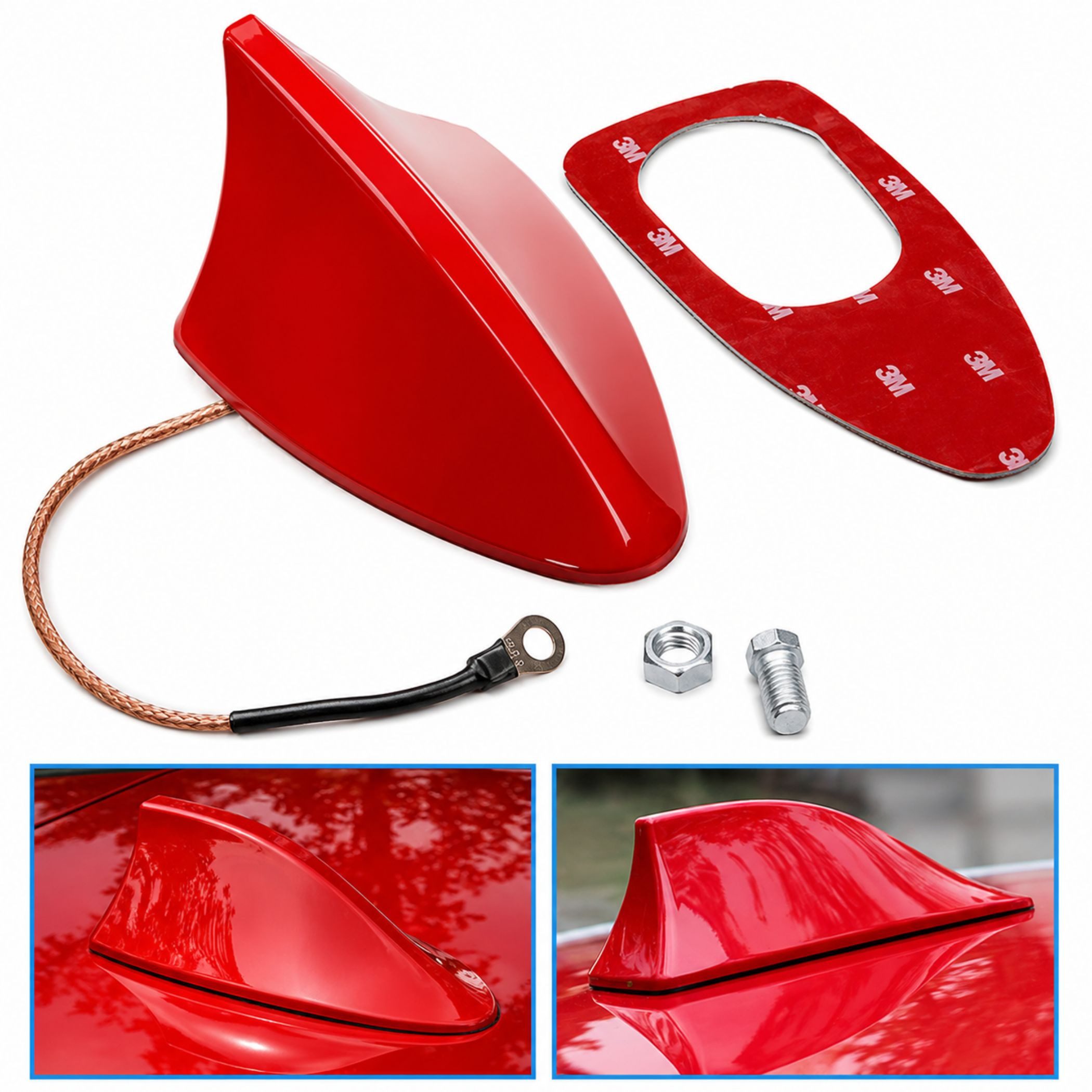 Bolwins A56C Universal Auto Shark Hai Antenne Dachantenne Haifisch Hochglanz Dachantenne (AM, FM, für Innenbereich und Außenbereich, Verstärkung: 5 dB), Passiver AM-/FM-Empfang Selbstklebende Montagefläche mit Klebepad
