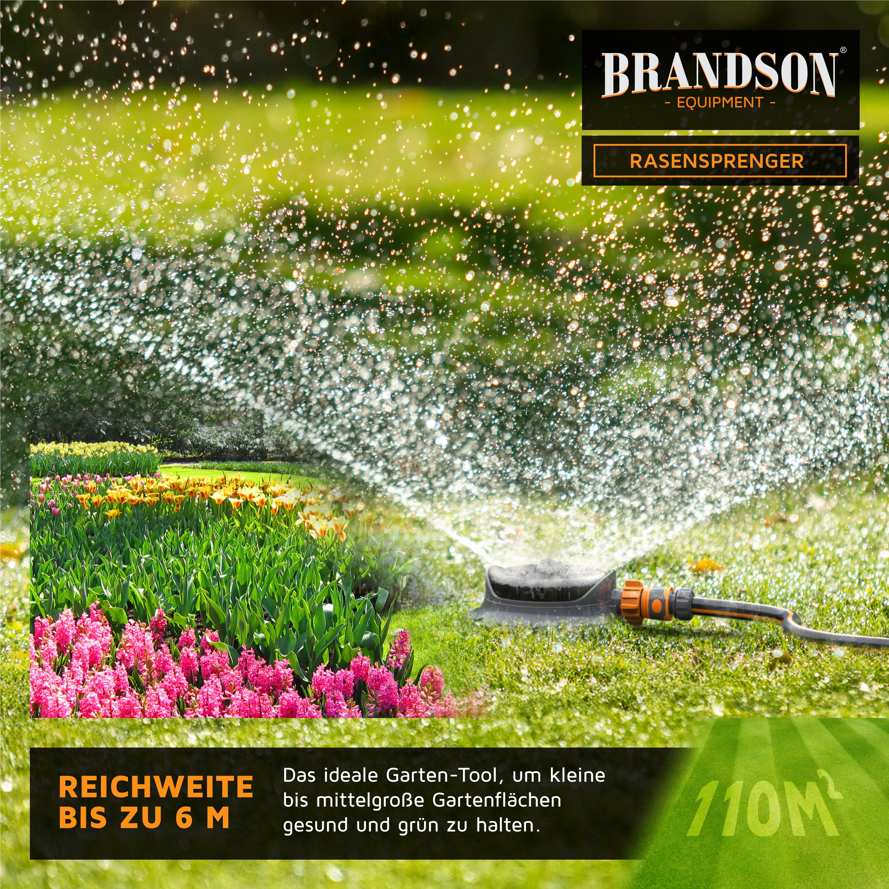Brandson Vielflächenregner Garten Sprinkler, 360° Rasensprenger, 8 Sprühmodi, 110m² Bewässerung, für Flächen bis 110 m², (1-St), Wasserstrahl stufenlos einstellbar, runder Flächenregner, einstellbar