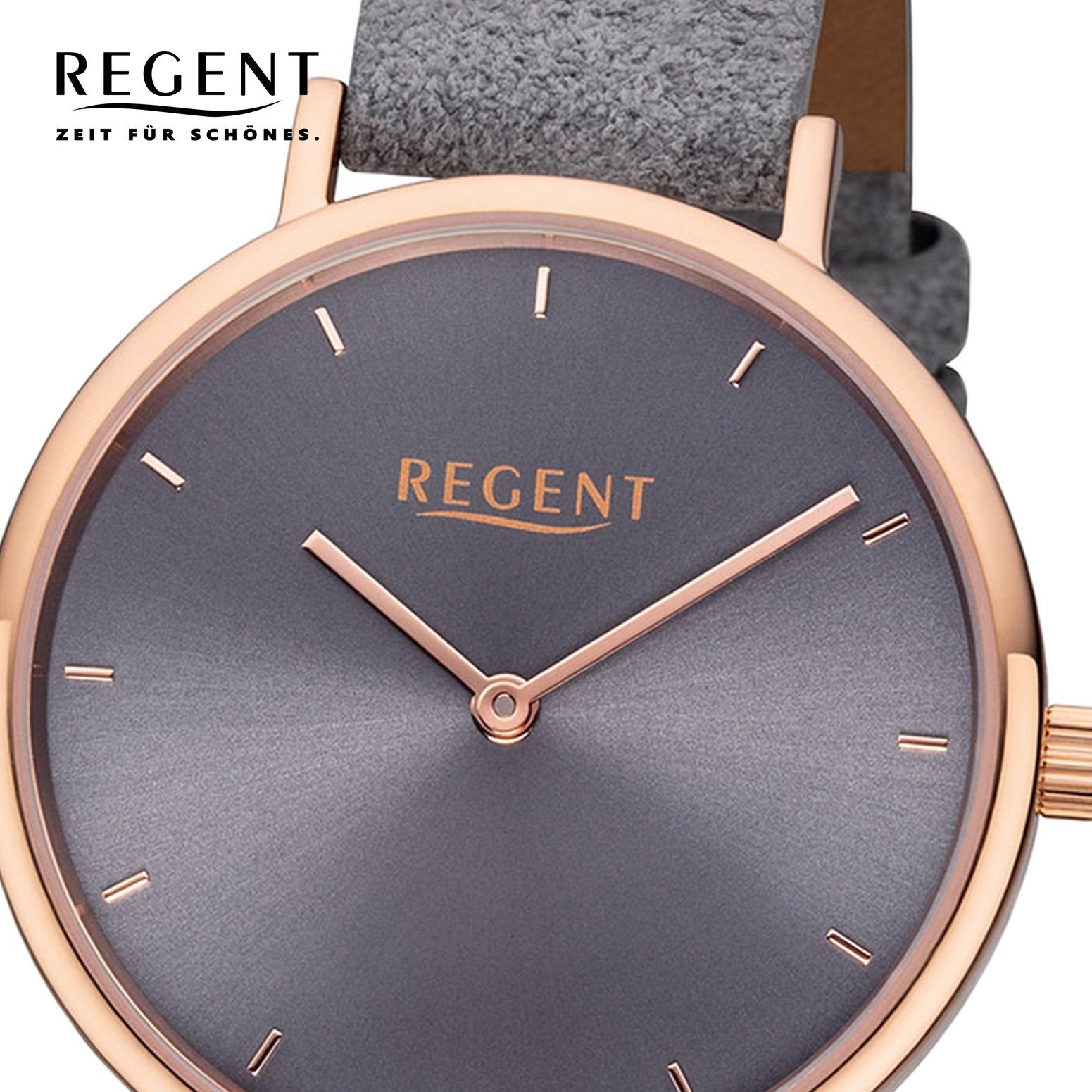 Regent Quarzuhr Regent Damen Uhr (ca. rund, Leder Quarz, F-1139 33mm), Damen mittel Lederarmband Armbanduhr