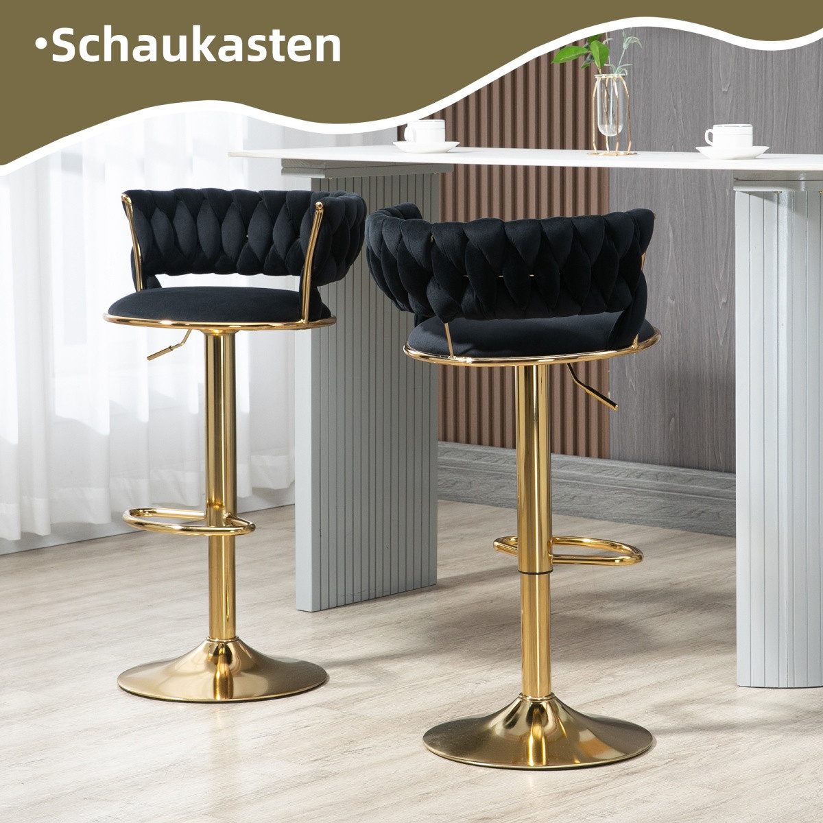 IDEASY Barhocker 2 St Barhocker in Samtstoff, 360° drehbar, handgeflochtene Rückenlehne, Bequemes Sitzkissen, Goldfuß, höhenverstellbar, 54 x 46 x 78,5-97 cm