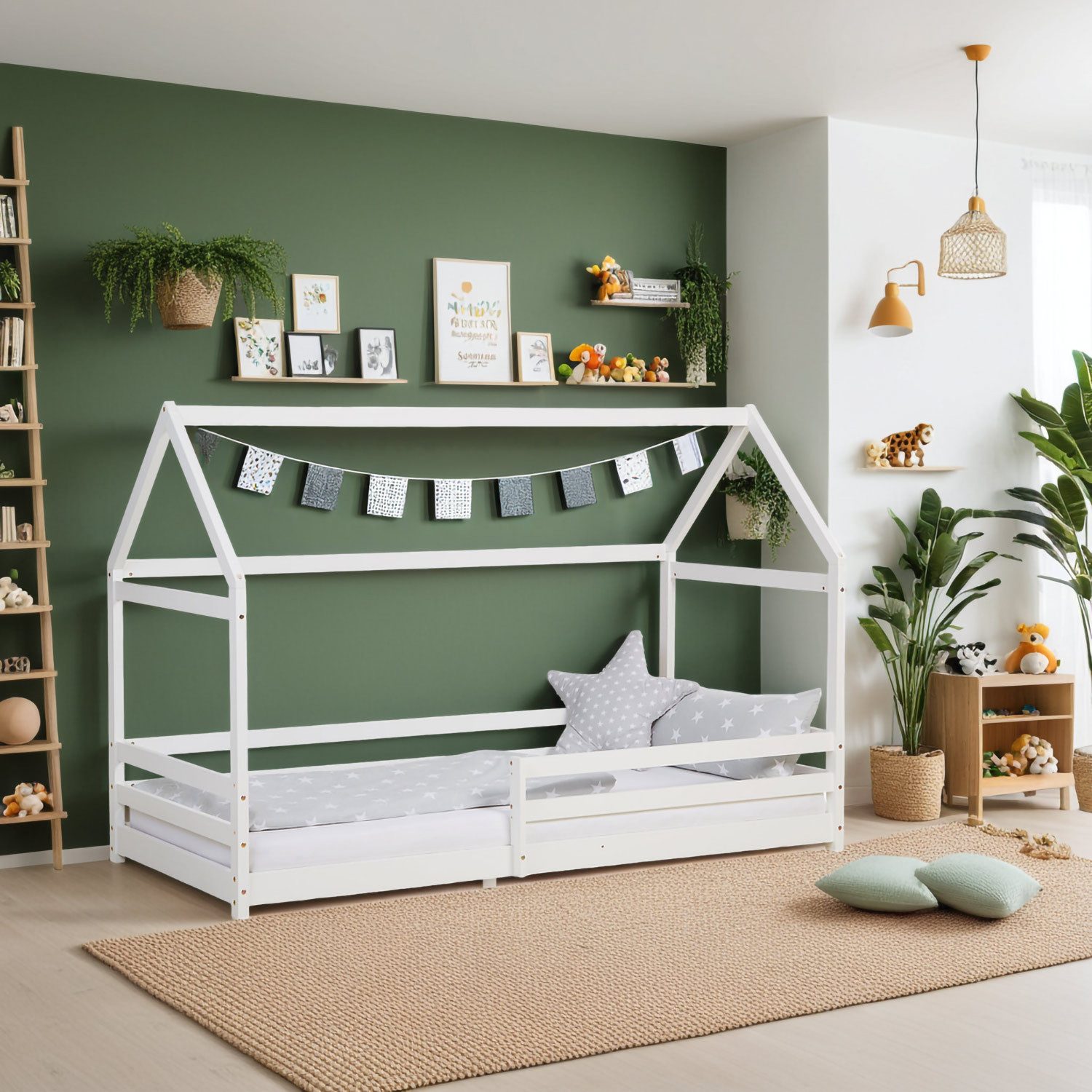 Homestyle4u Kinderbett 90x200 Hausbett Holzbett Bodenbett günstig online kaufen