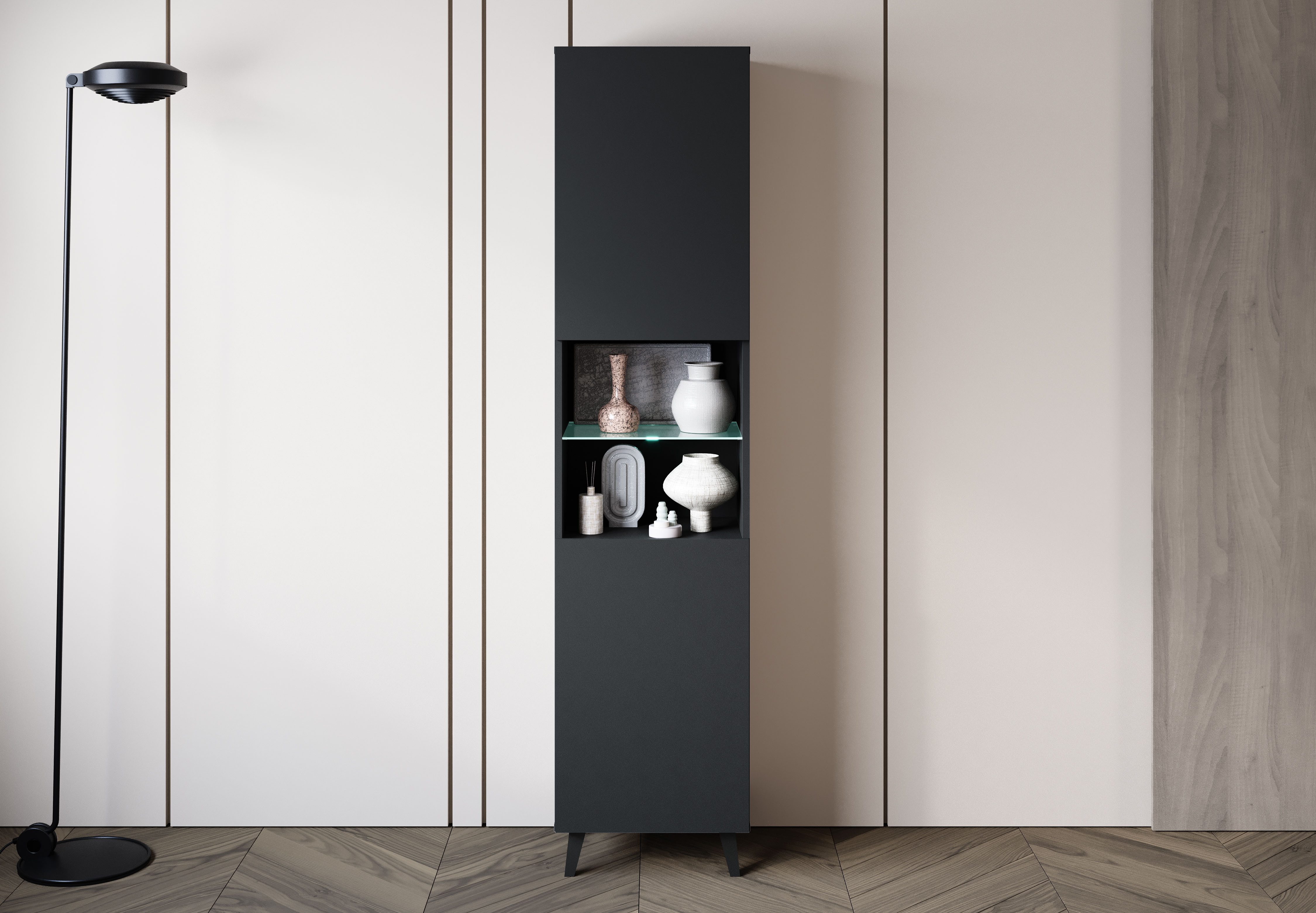 Home affaire Vitrine Phuket, Moderner Wohnschrank mit LED-Beleuchtung und Glasboden (1-St) Verstellbare Einlegeböden für flexible Aufbewahrung