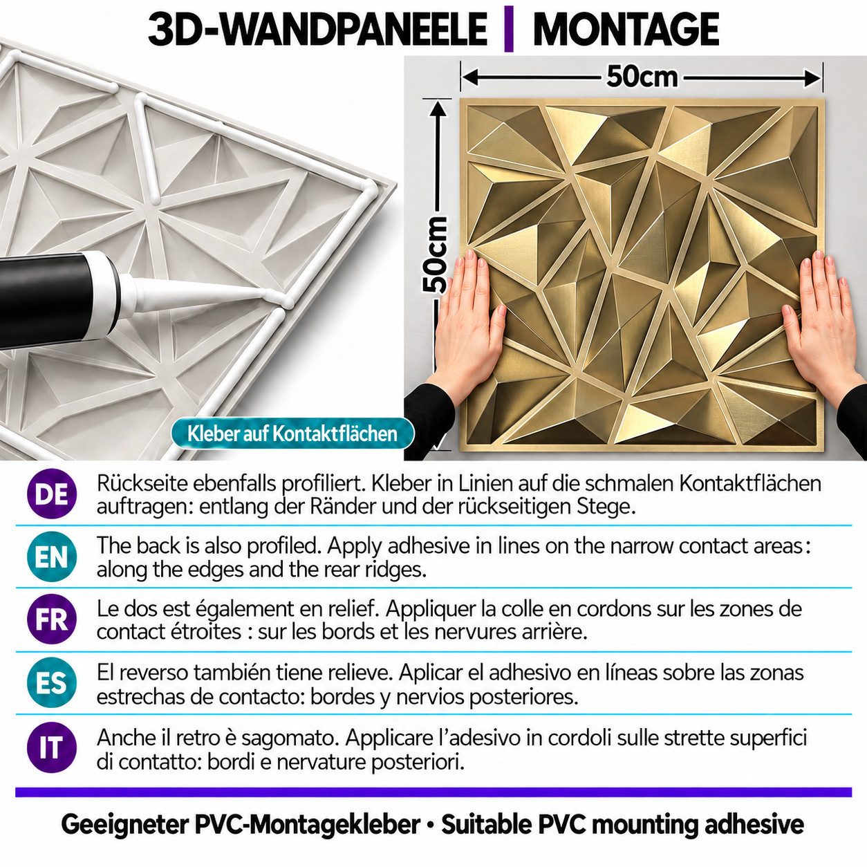 IKHEMalarka 3D Wandpaneel 3D Paneele PVC Kunststoffpaneele, BxL: 50,00x50,00 cm, 0,25 qm, (1 Stück, 3D Wandpaneele Deckenpaneele) hochwertige & harte PVC 3D Pla – Bild 5 von 5