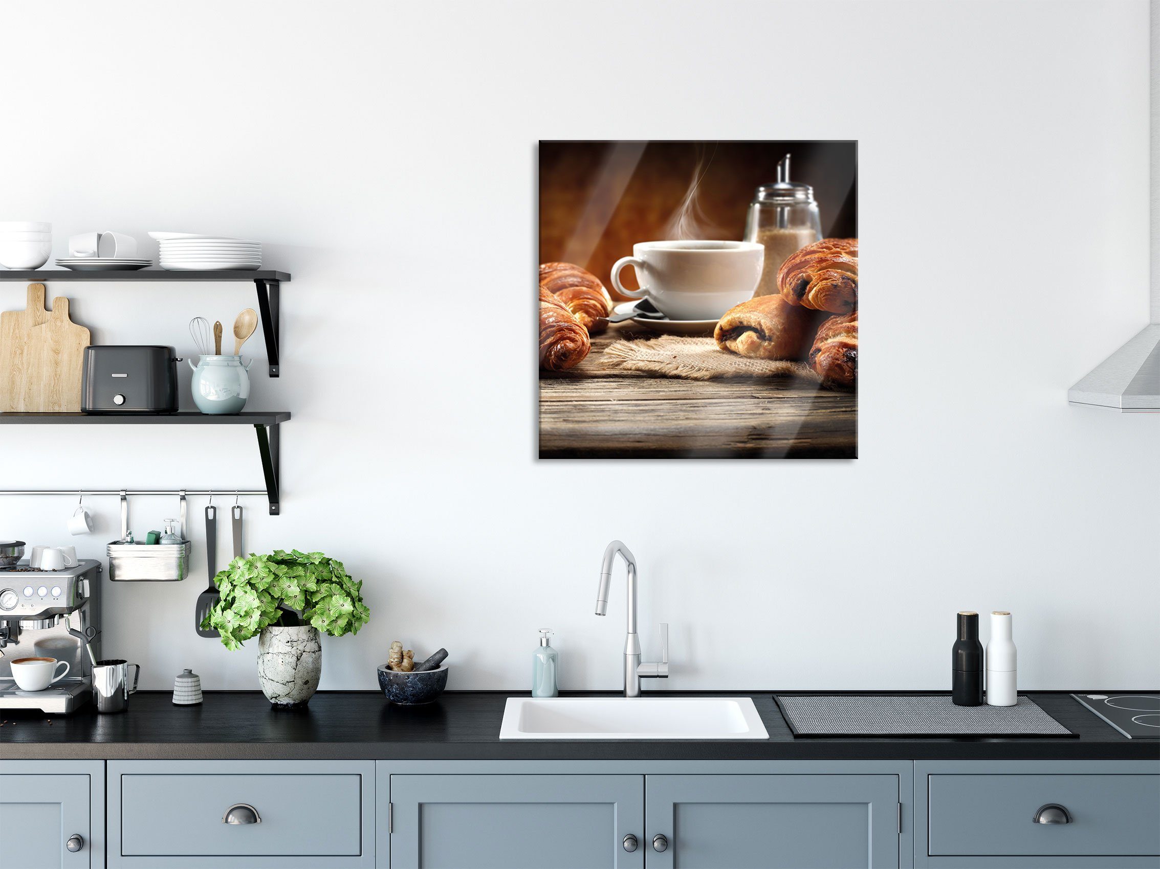 Pixxprint Glasbild Croissant zum Kaffee, Croissant zum Kaffee (1 St), Glasbild aus Echtglas, inkl. Aufhängungen und Abstandshalter