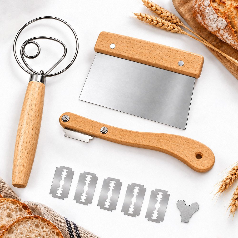 PFCTART Teigspachtel Dänisches Teigknetset, Teigkarte & Teigmesser, 3-teilig, 33 cm, Dänischer Schneebesen, Brot backen Zubehör, Sauerteig, Brotbackset