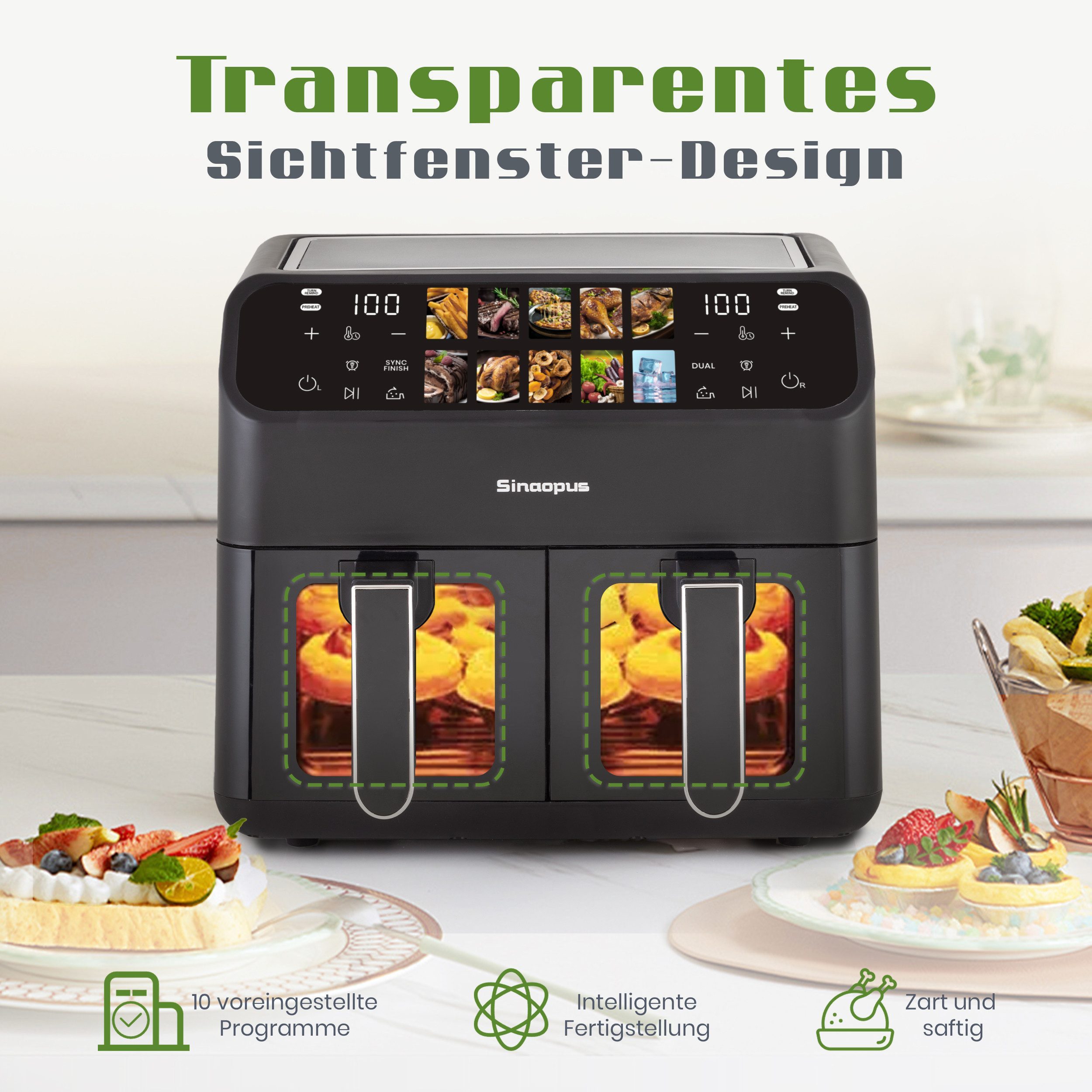 WHEELYOU Heißluftfritteuse 9L XXL, Dual Airfryer 2000W mit LED-Display, Sichtfenster & 10 Programmen, 2000 W, Doppelkammer-Airfryer mit LED-Display, Sichtfenster, Timer