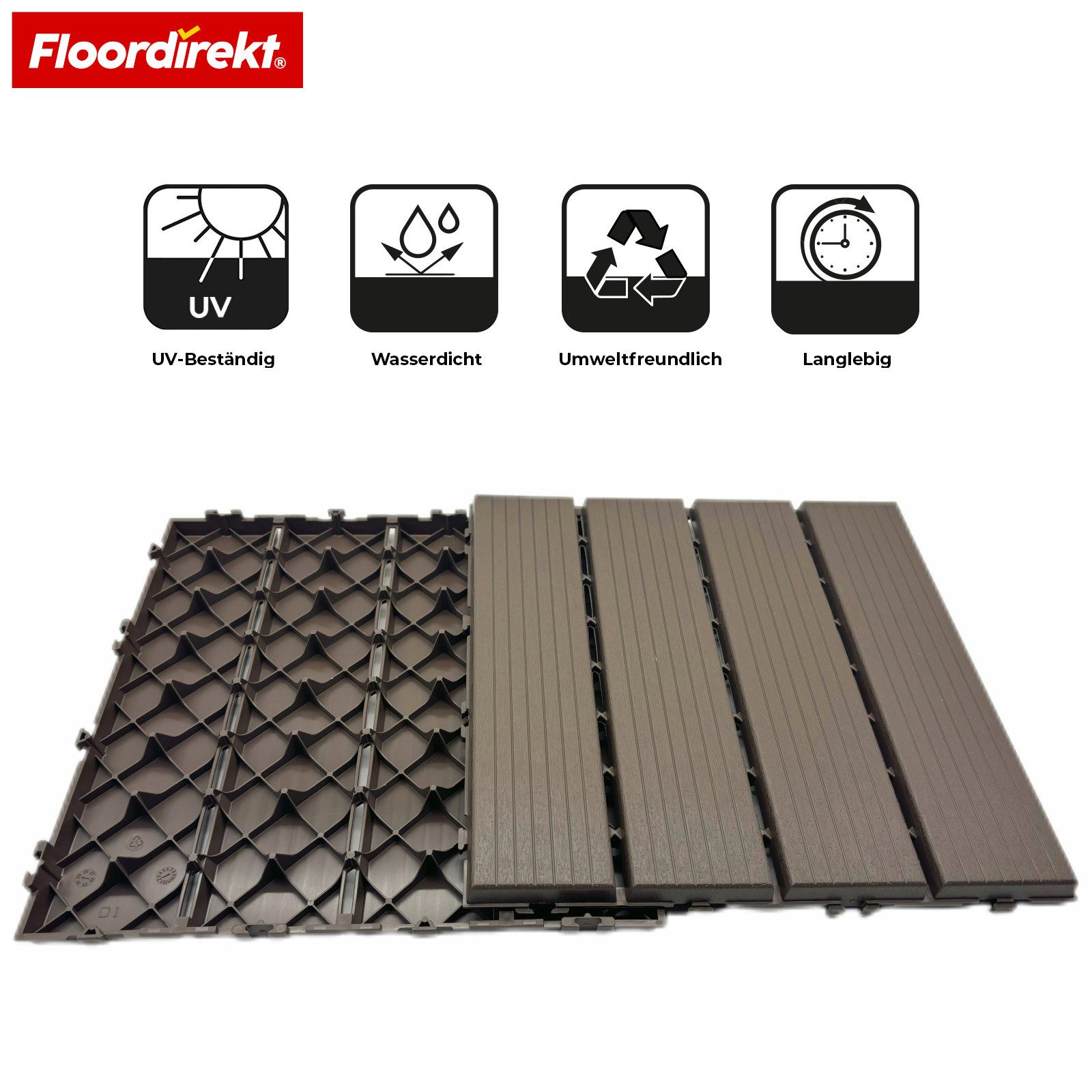 Floordirekt Terrassendielen Terrassenfliesen Klickfliesen Majestic, 30x30 cm Braun Holzdielenoptik, (1-St., braun), Leicht zu reinigen mit Besen oder Wasserschlauch
