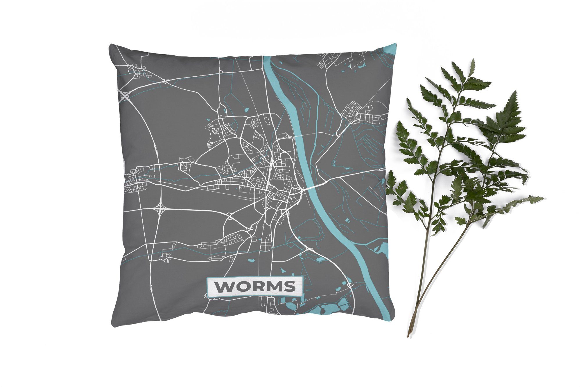 MuchoWow Dekokissen Stadtplan - Worms - Blau - Deutschland - Karte, Zierkissen mit Füllung für Wohzimmer, Schlafzimmer, Deko, Sofakissen