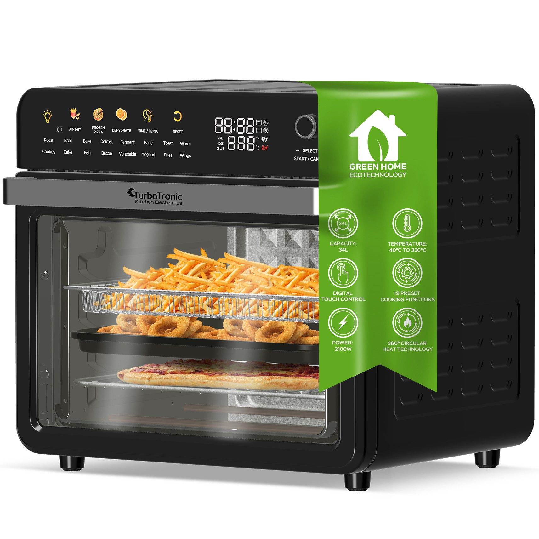 TurboTronic by Z-Line Minibackofen 34 L Dörrautomat & Heißluftfritteuse 2100 W Power Backofen 40-230°C, 19in1 Heißluftofen mit Dörrfunktion Grill Airfryer 0,5 kg Pommes