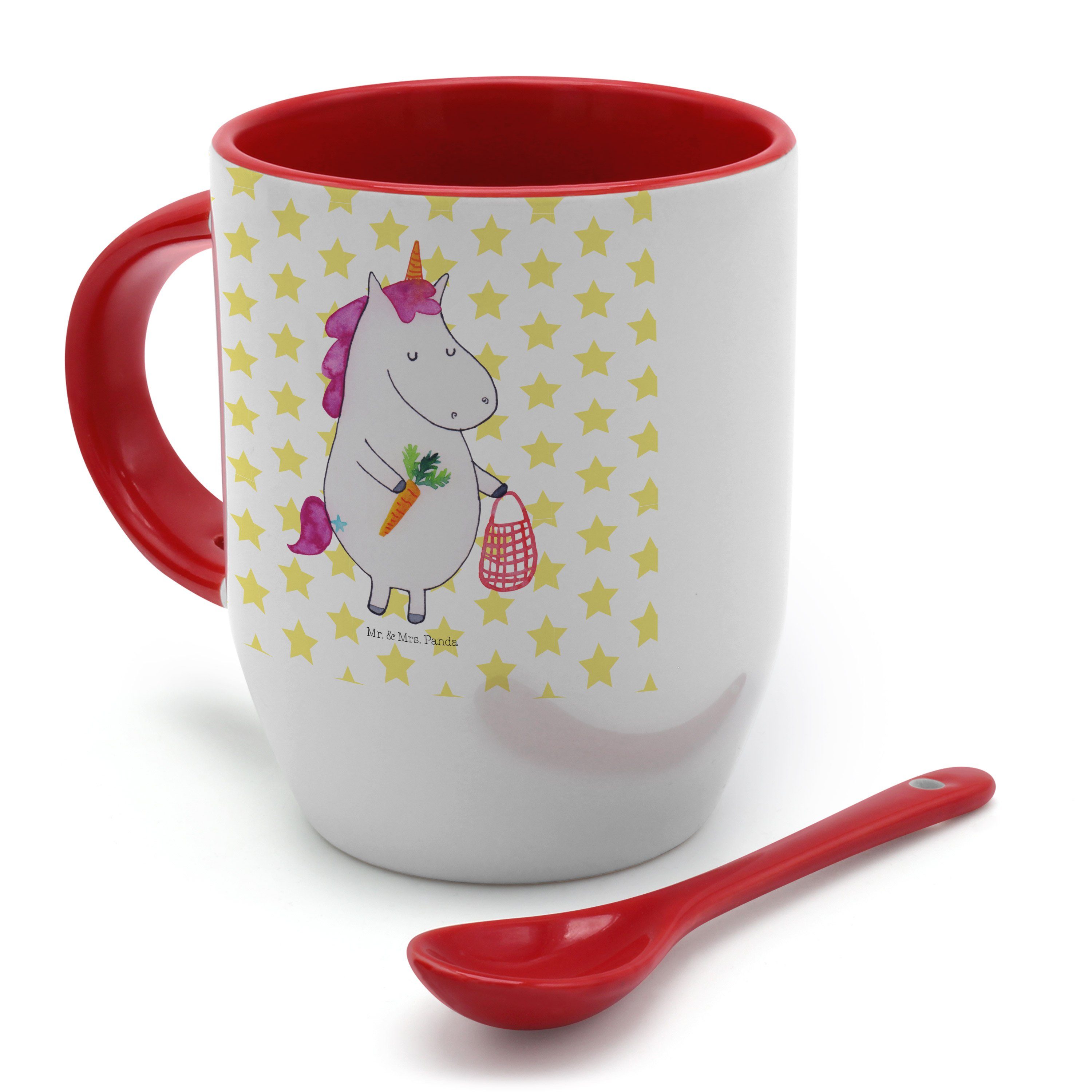 Tasse mit Kaffeebech, Mr. Mrs. & Tassen, Keramik Panda - Tasse Einhorn Weiß Löffel, Geschenk, Vegan -