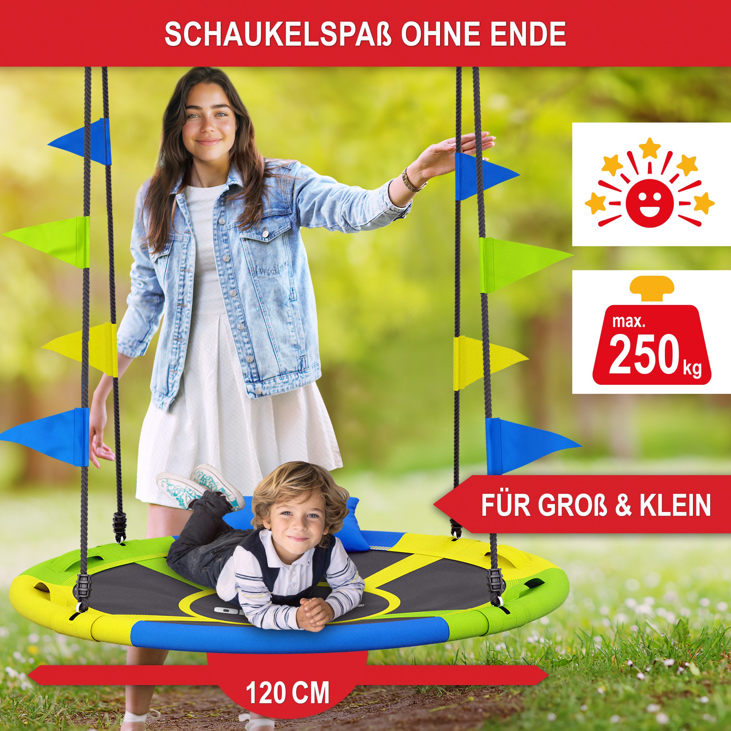 Onbest Nestschaukel 120 cm Durchmesser mit Kissen Fahnen 250 kg, 600D Oxford-Gewebe, höhenverstellbar, bunt