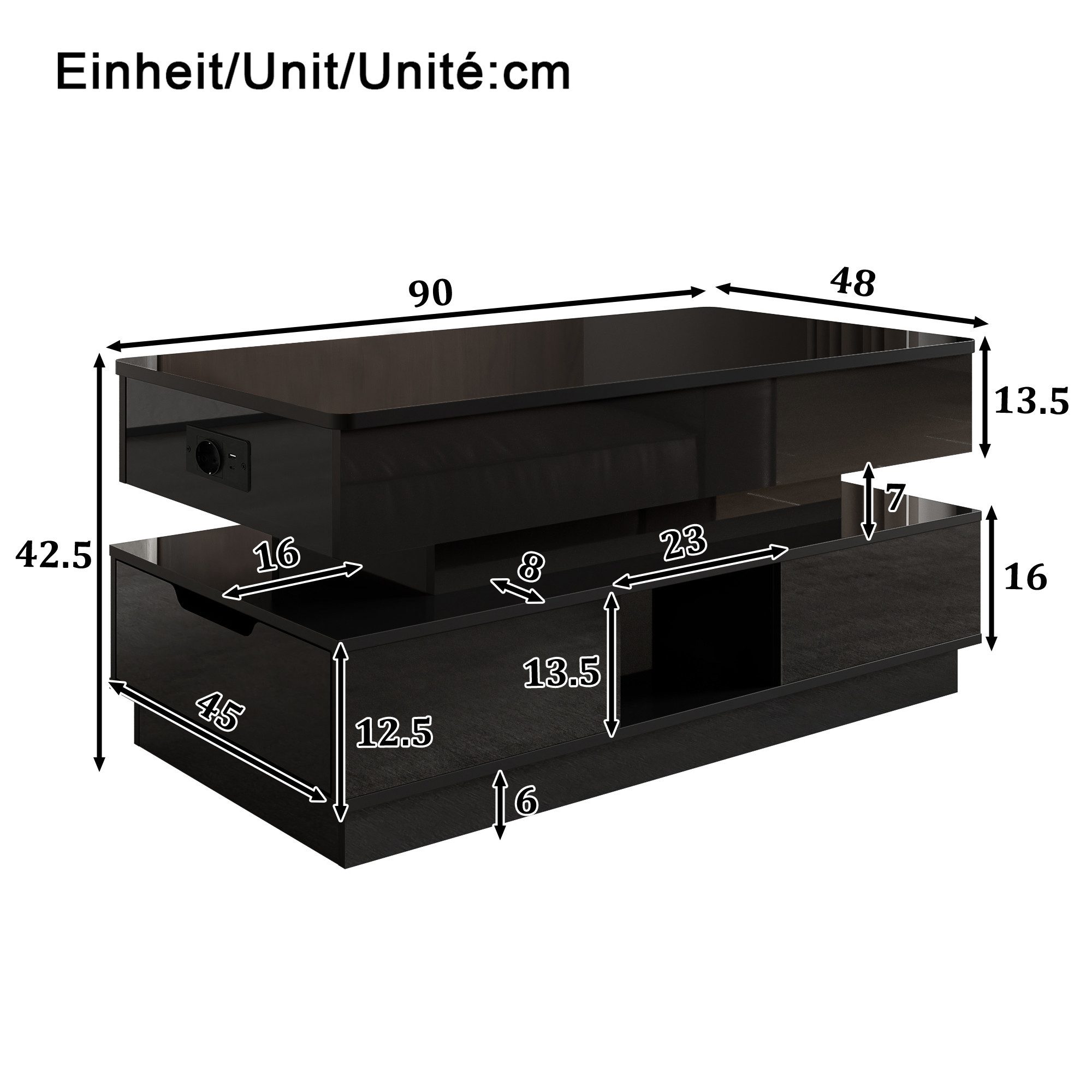 Ulife Couchtisch mit Stauraum, Schubladen, LED-Beleuchtung und Steckdose, Schwarz (1-St), Höhenverstellbar für flexible Nutzung