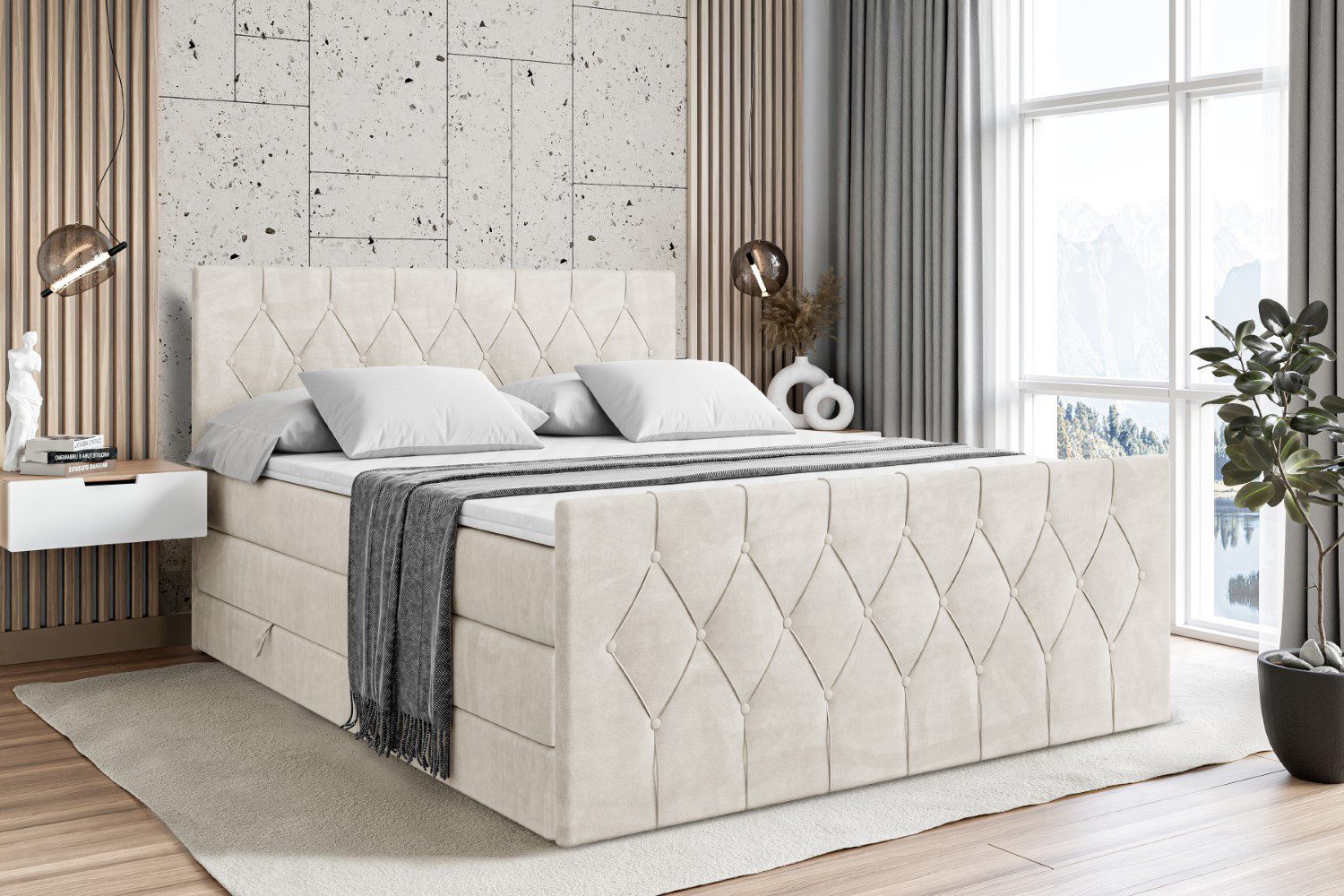 ALTDECOR Boxspringbett VELANTO KING (mit Matratze und Lattenrost Topper Polsterbett mit Bettkasten Boxbett), H4 Multipocket, H3 Bonellfederung, Doppelbett Springboxbett