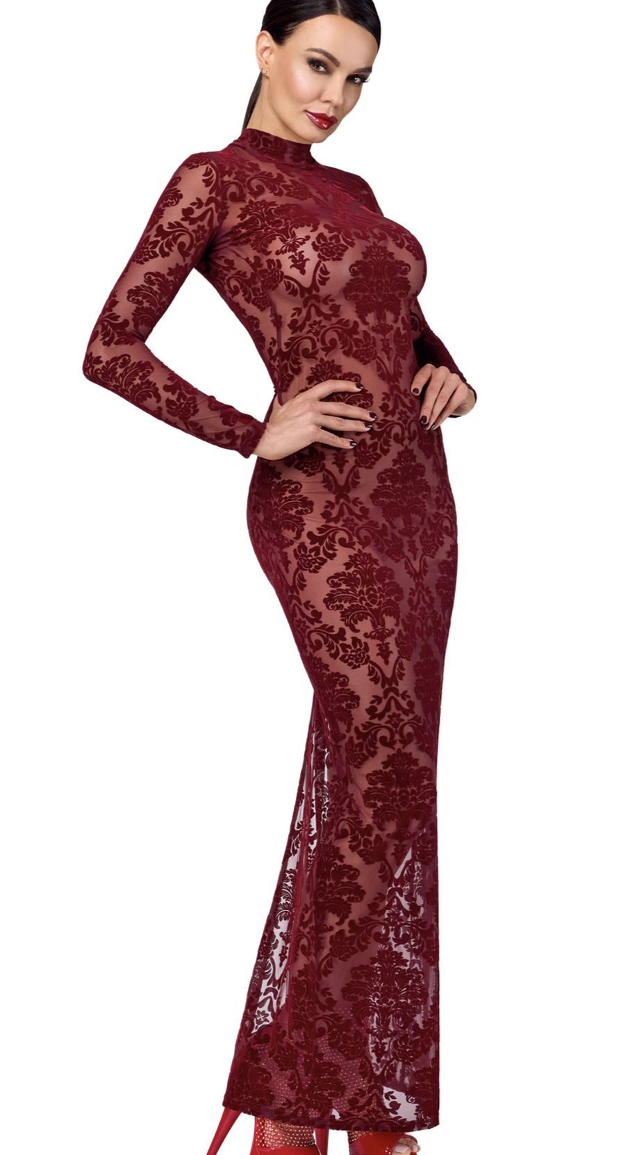 Noir Handmade Minikleid Damen Tüll Kleid rot mit Netz und Ausschnitt transparent offen Rückena