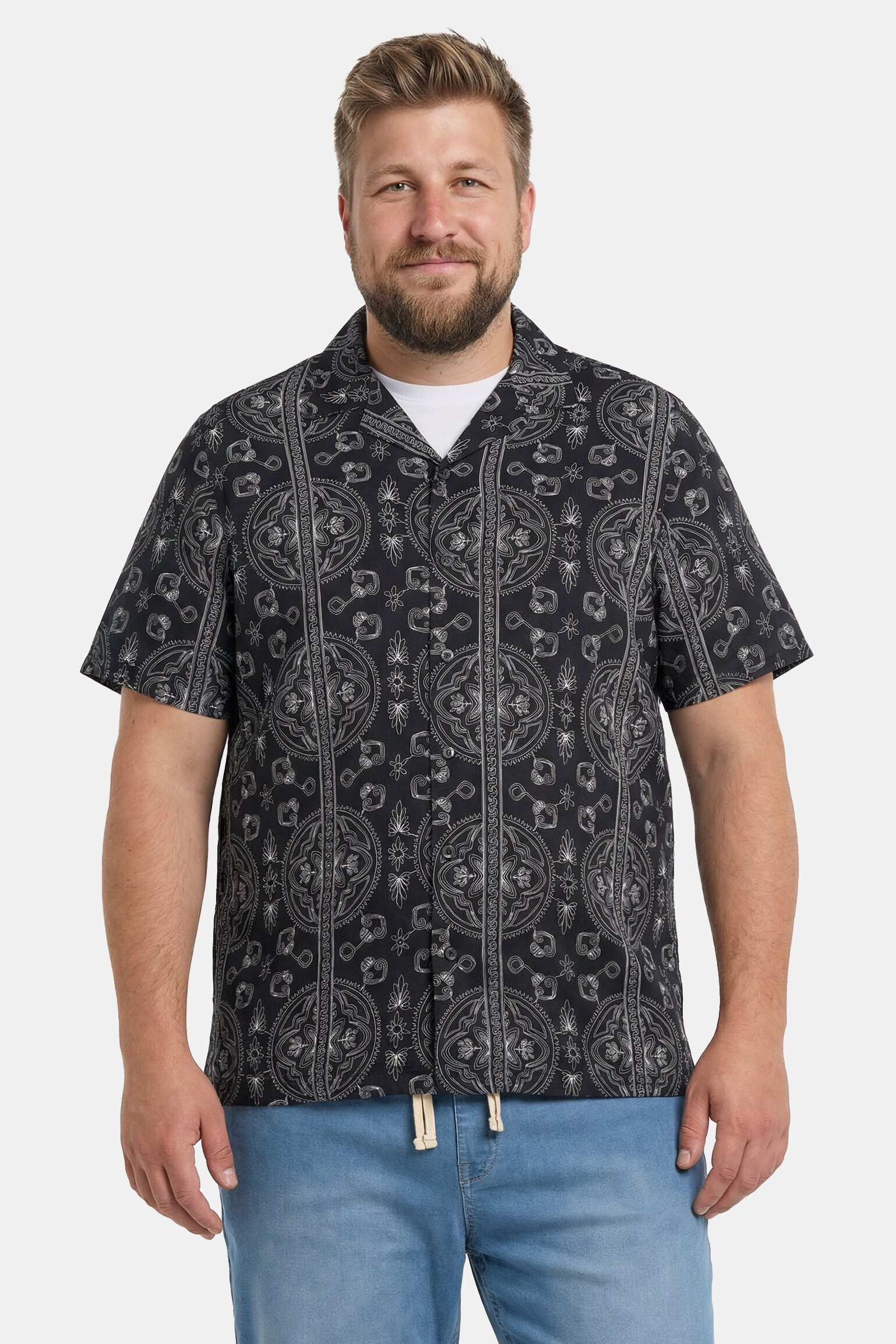 Men Plus Kurzarmhemd Hemd Halbarm Alloverdruck Cubakragen Cuba Fit