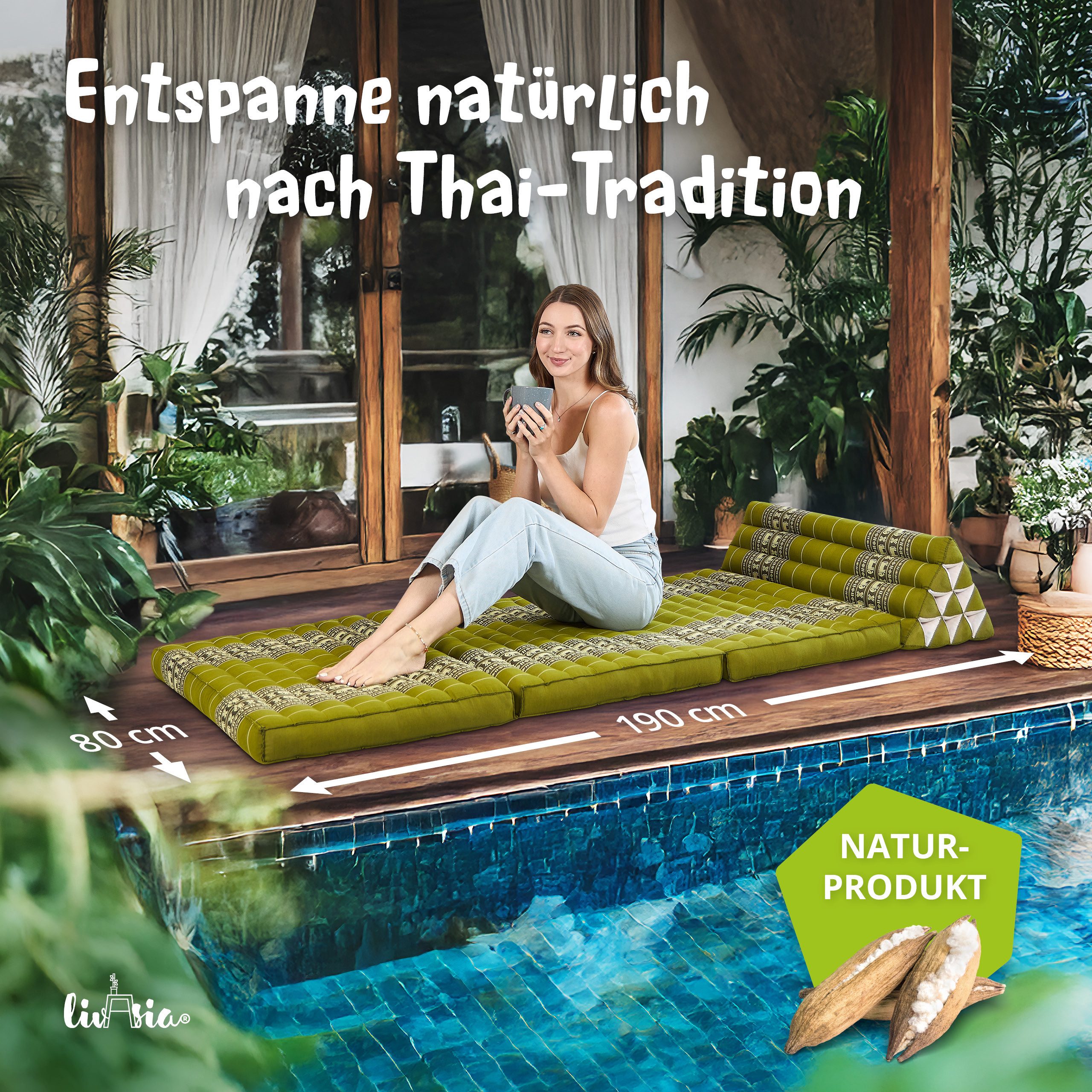 livasia Sitzsack Thaikissen XXL breit - 190x80x8cm, Kapok, vegan, handgefertigt