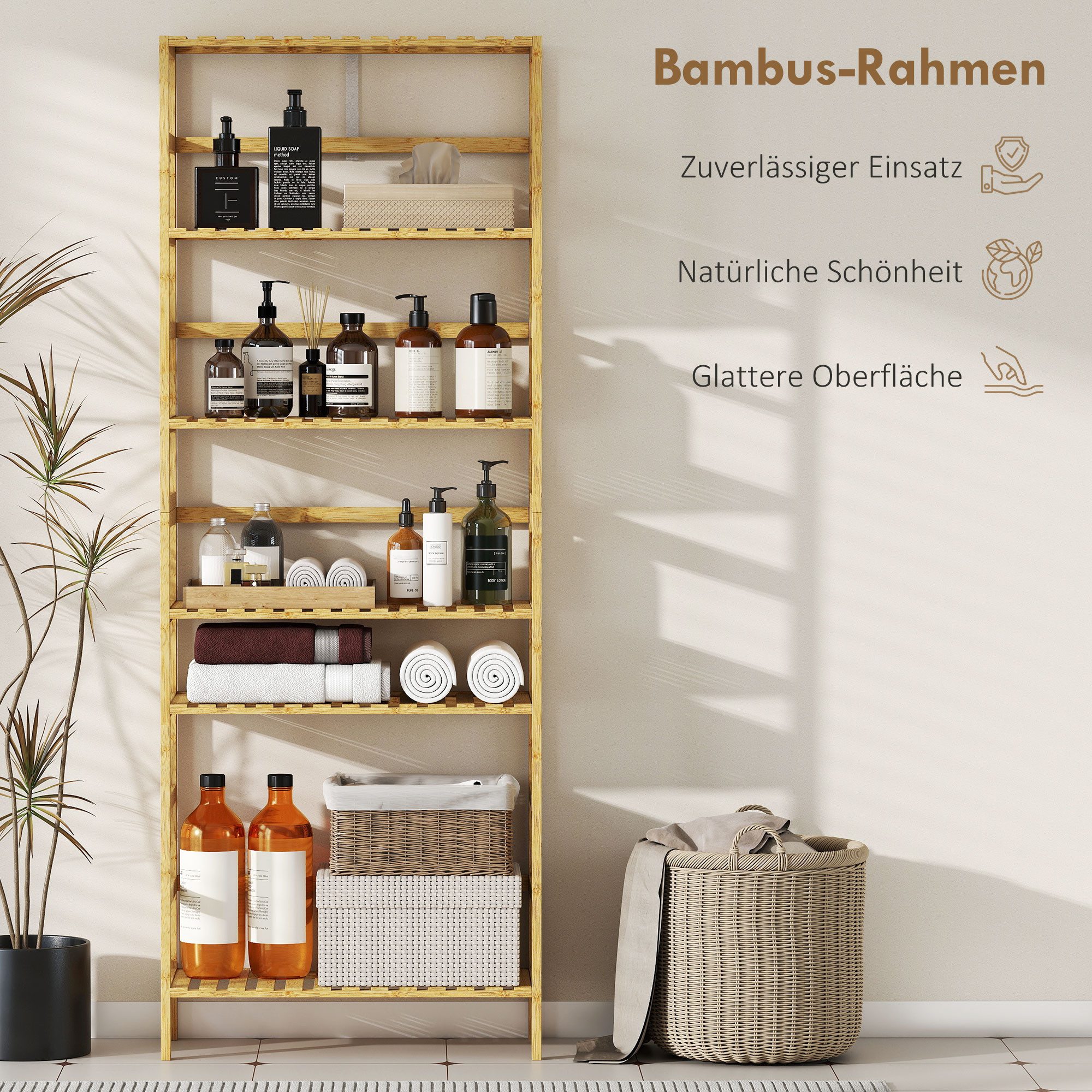 HOMCOM Standregal Badregal Bambus Küchenregal, für Bad, Wohnzimmer, 60 x 26 x 161 cm, 6-stöckiges Bücherregal 1-tlg., höhenverstellbare Regalböden, Naturholz – Bild 5 von 5