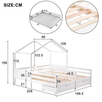 SOFTWEARY Kinderbett Hausbett mit 2 Schlafgelegenheiten, Schubladen und Rollrost (90x200 cm (2-St), Holzbett aus Kieferholz, Jugendbett mit Rausfallschutz
