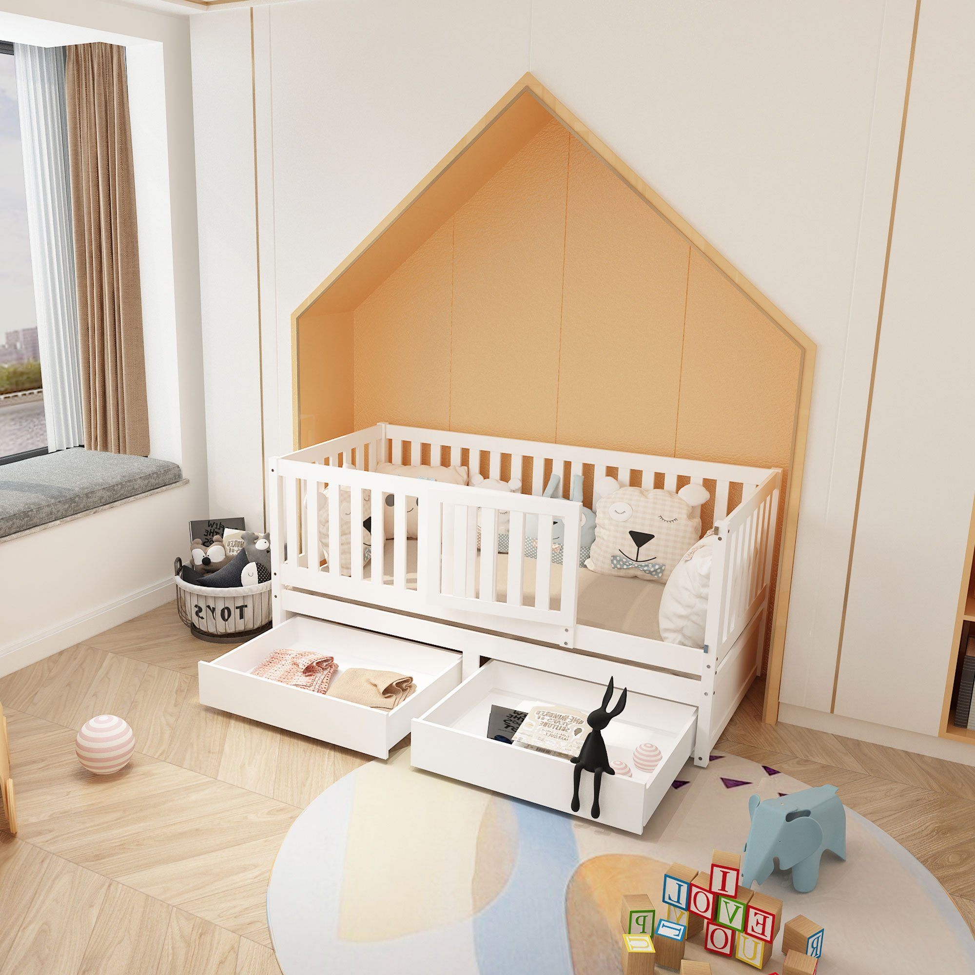 Merax Kinderbett, 90x200 cm verstellbar mit Rausfallschutz, Einzelbett  multifunktional