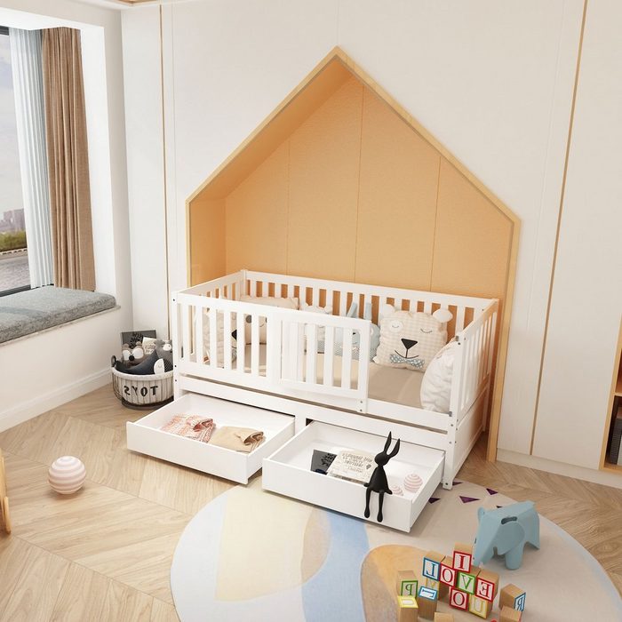 Merax Kinderbett 90x200 cm verstellbar mit Rausfallschutz Einzelbett multifunktional