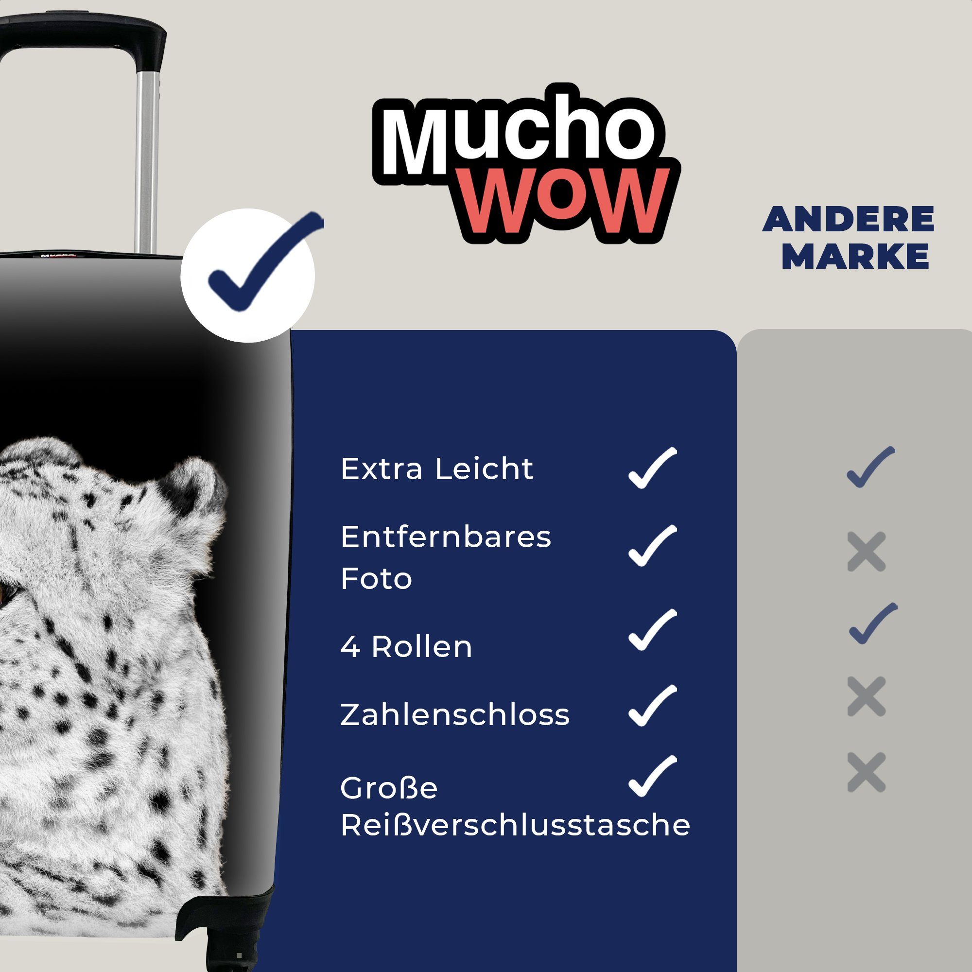 Schwarz, MuchoWow Leopard mit - Ferien, Rollen, rollen, Handgepäckkoffer für Trolley, Weiß Reisetasche - 4 Handgepäck Reisekoffer