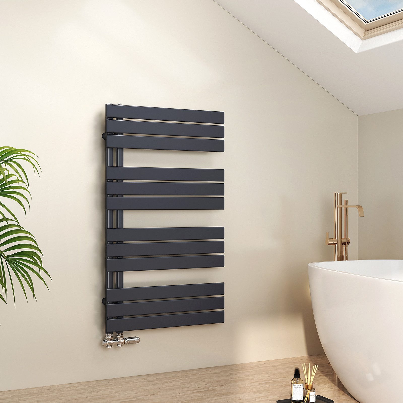 EMKE Paneelheizkörper Schwarz Flach Badheizkörper Design Handtuchtrockner, 104.1x60cm 639W Bad Warmwasser ohne Multiblock Seitenanschluss