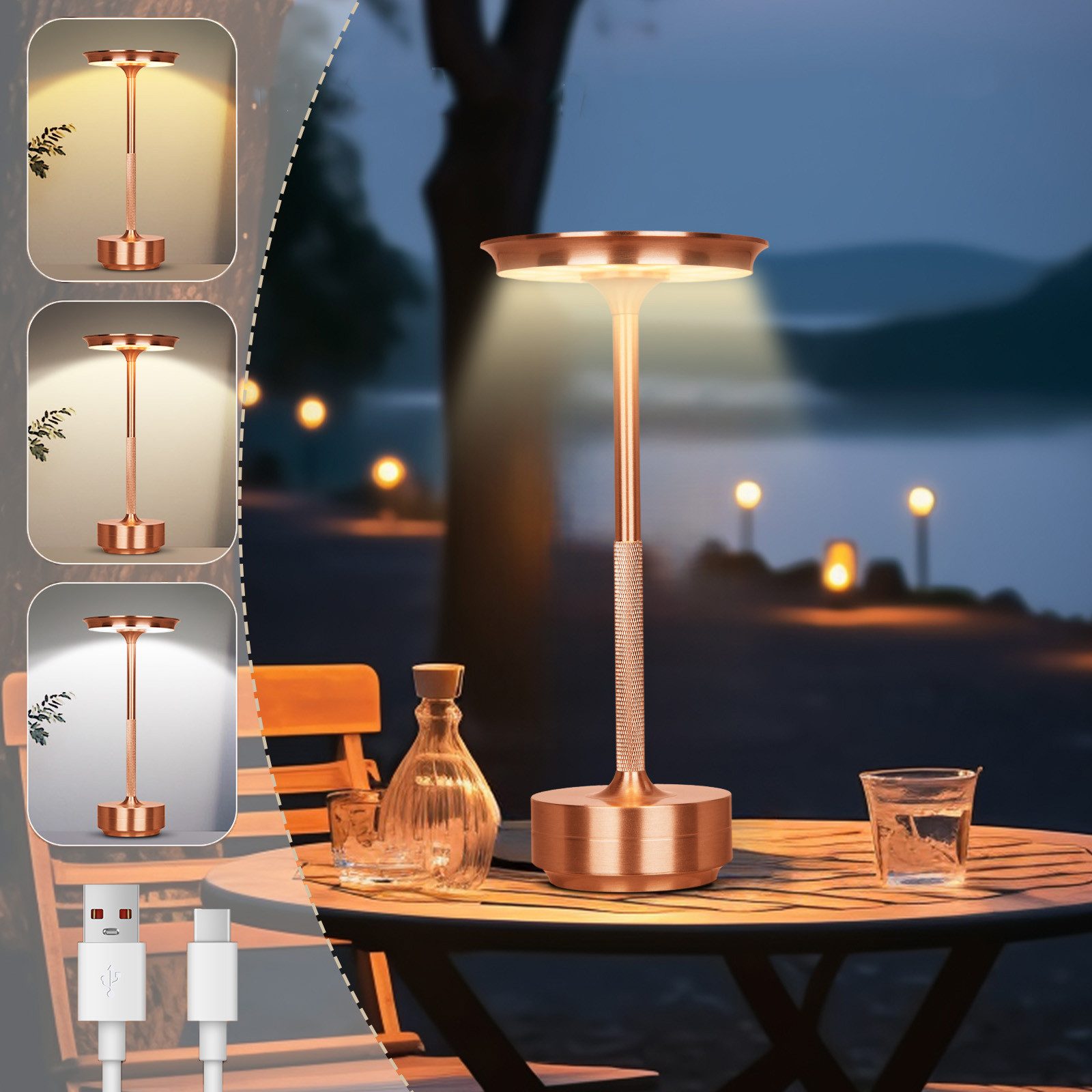 MUPOO LED Tischleuchte Tischlampe Akku Touch Dimmbar mit USB-C,3 Farbtem, Roségold, UFO Nachtlicht, Indoor, Outdoor Camping, Memory-Funktion