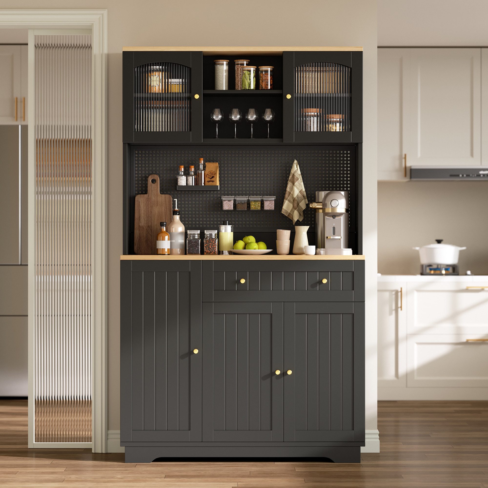 STILVORA Highboard Vitrine mit verstellbaren Einlegeböden Küchenschrank mit Lochblech (Aufbewahrungsschrank mit Vitrinentüren, Schublade, Lochwand, 6 Fächer, verstellbare Böden, 103.5×40×180cm), für Wohnzimmer, Flur und Schlafzimmer