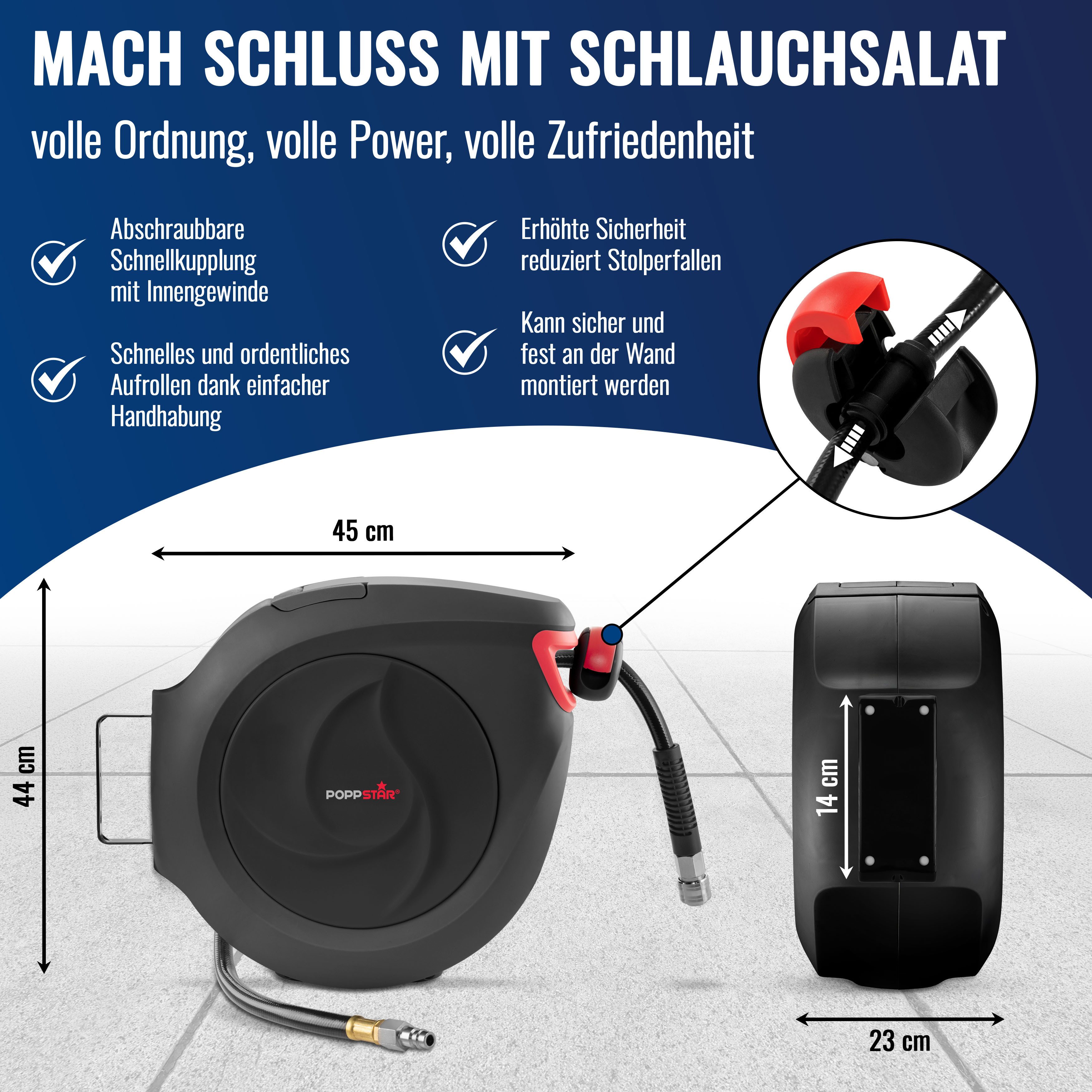 Poppstar Schlauchbox Druckluft-Schlauchtrommel 30m + 2m Premium, (Automatik Schlauchaufroller), mit 30m Druckluft-Schlauch (180° schwenkbar, mit Wandhalterung)