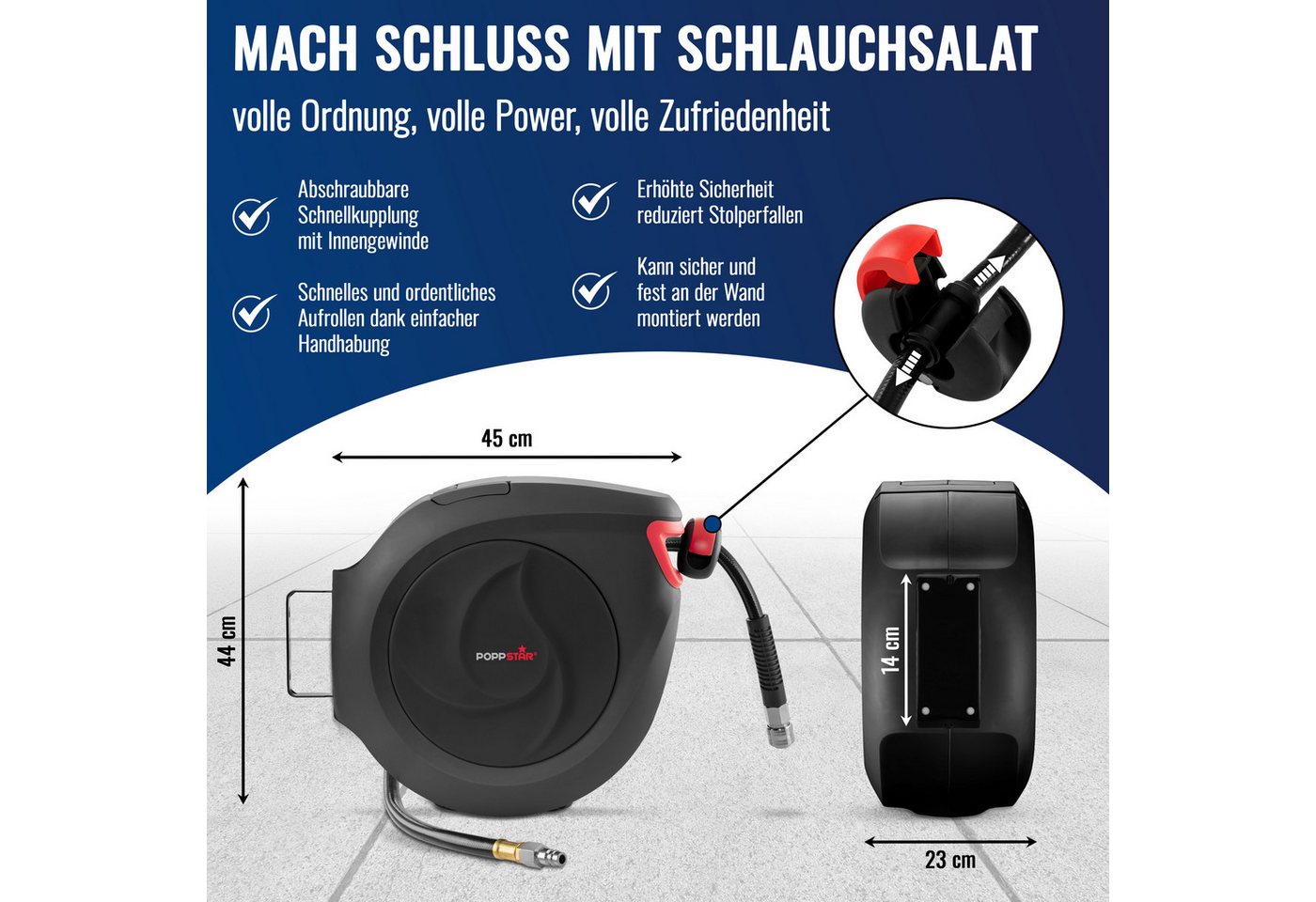 Thumbnail - Poppstar Schlauchbox Druckluft-Schlauchtrommel 30m + 2m Premium, (Automatik Schlauchaufroller), mit 30m Druckluft-Schlau...