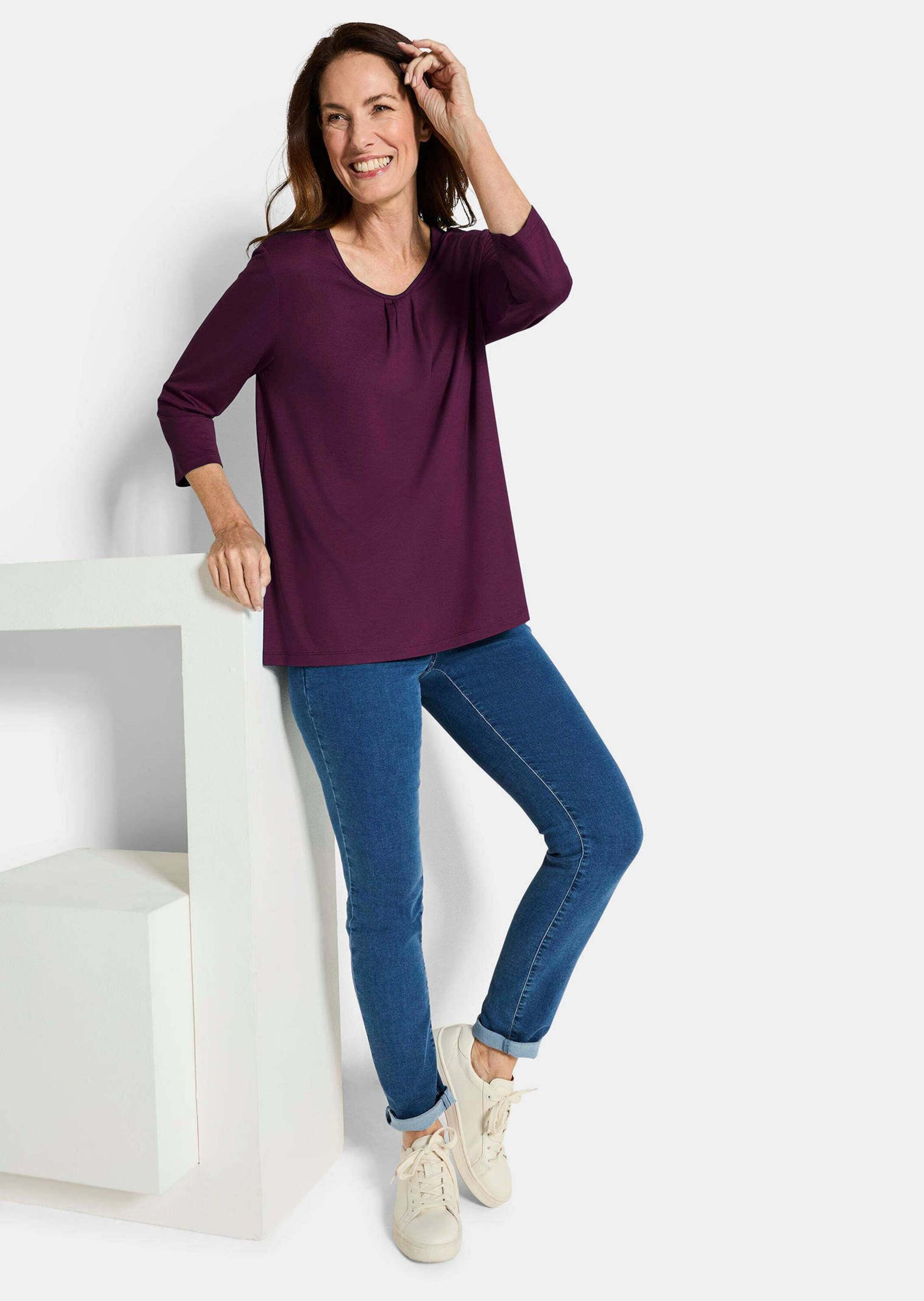 GOLDNER T-Shirt Kurzgröße: Viskose-Oberteil mit Halbarm Feminines Design mit Falten und Rundhalsausschnitt