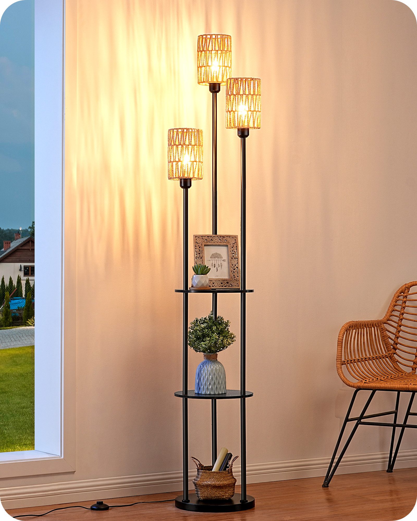 EDISHINE Stehlampe Wohnzimmer, LED wechselbar, warmweiß, Boho Stehlampe mit Ablage, 3-flammige Standleuchte