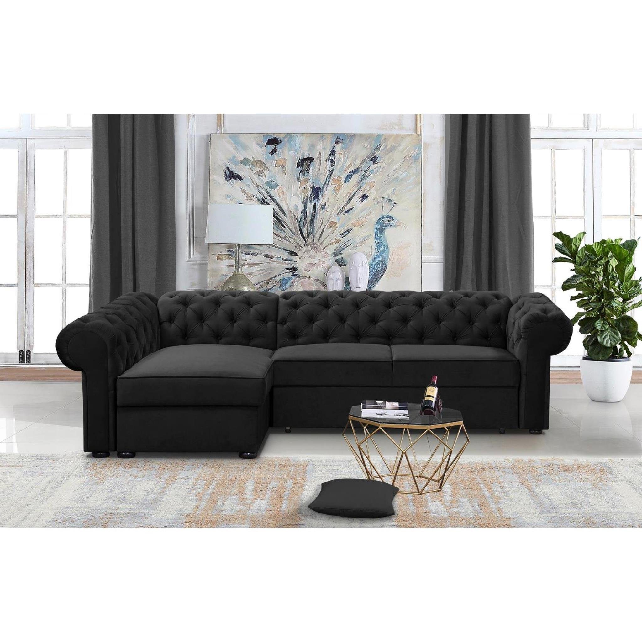 Beautysofa Polsterecke Chester, L-Form Ecksofa aus Velour, mane rechts oder links montierbar, mit Relaxfunktion, mit 2x Bettkästen Schwarz (kronos 07)