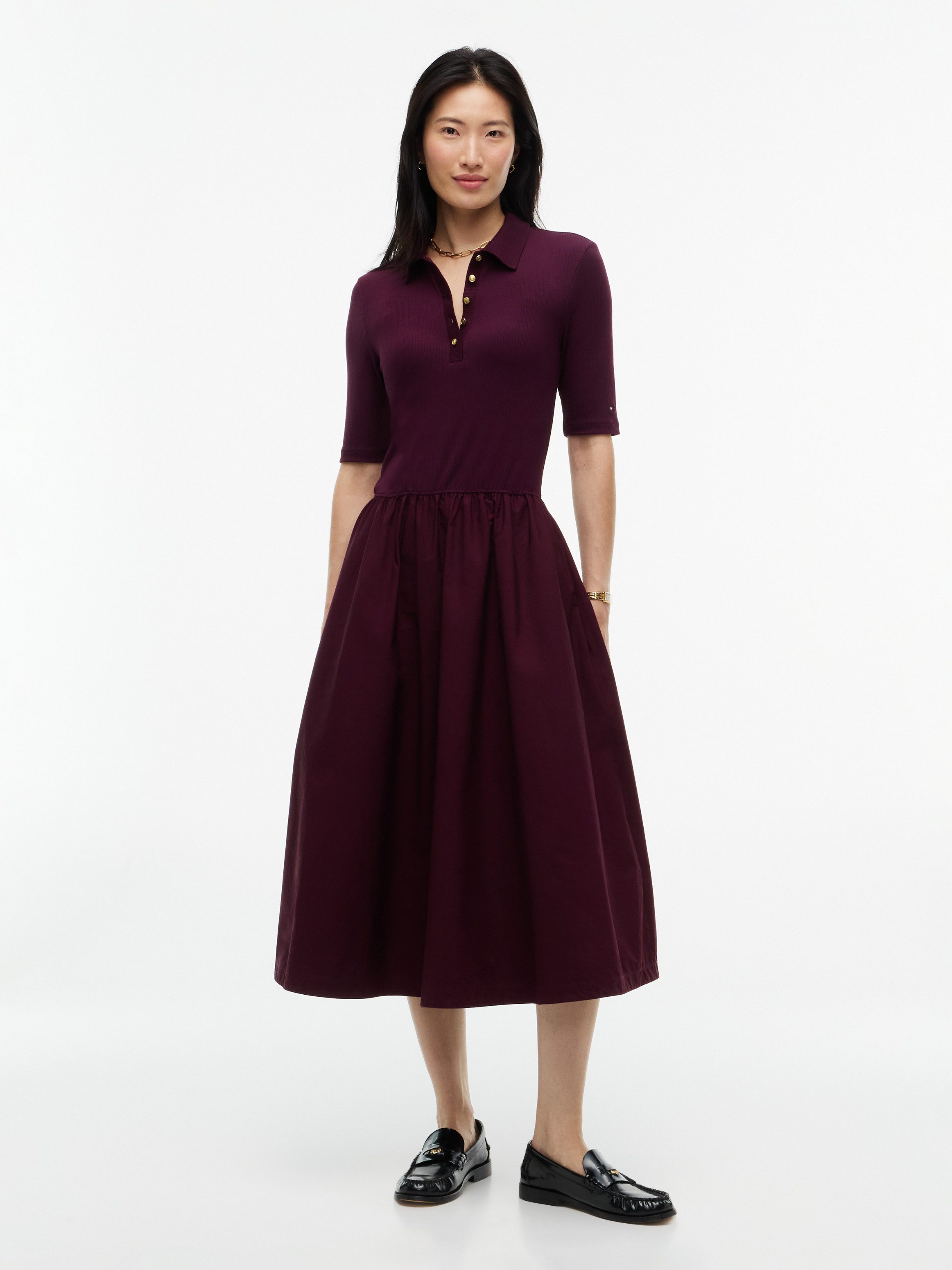 Tommy Hilfiger Midikleid 5X2 RIB F&F MIDI S/S POLO DRESS Baumwolle, figurbetont, in gerippter Struktur